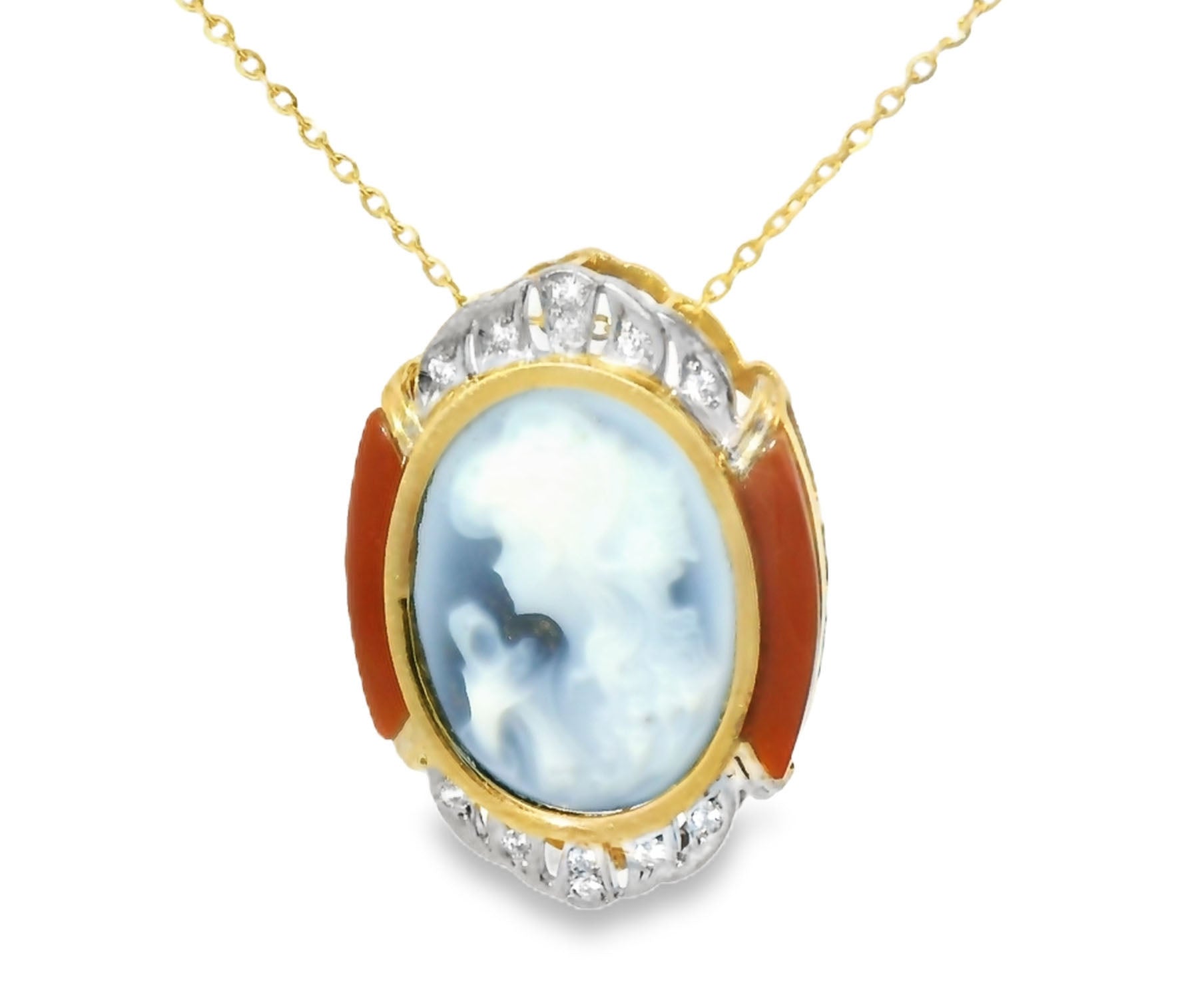 Marvelous Estate 18K Yellow Gold Blue Agate Carnelian Diamond Cameo Pendant - GGEMSonline