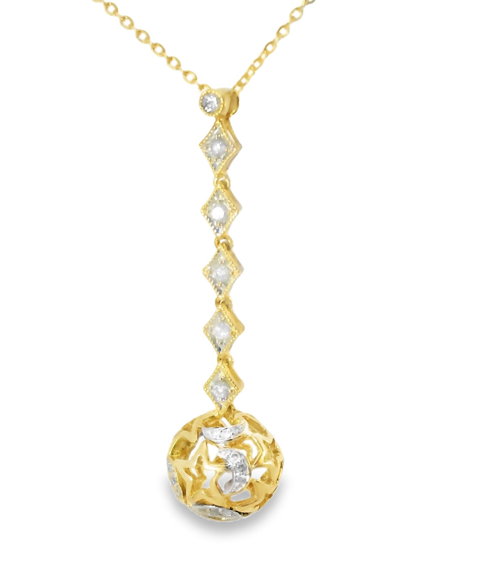 14K Yellow Gold Diamond Moon Stars Ball Sphere Pendant Necklace Slide