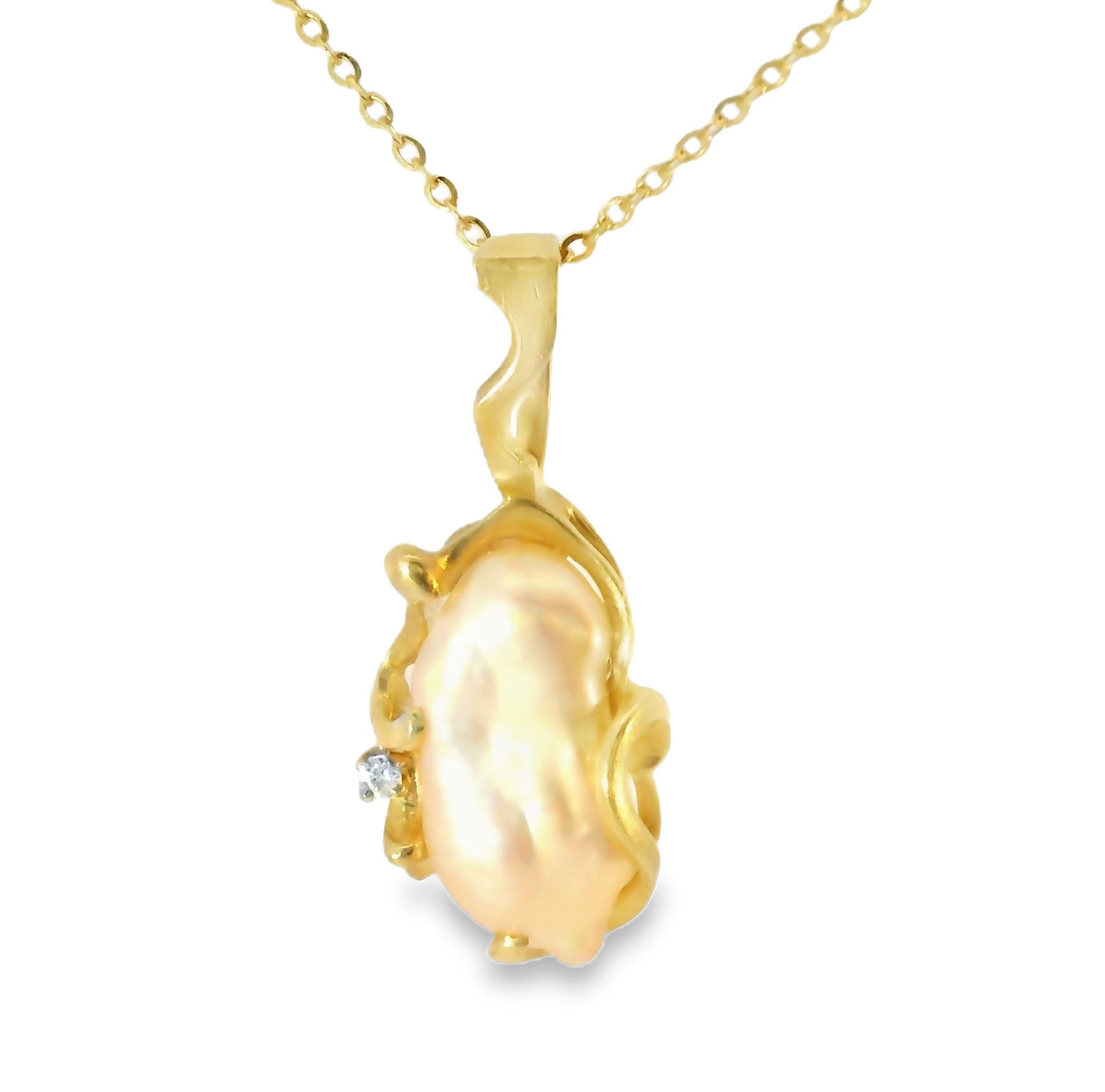 Gorgeous Estate 14K Yellow Gold Pink Baroque Pearl Diamond Pendant Slide - GGEMSonline