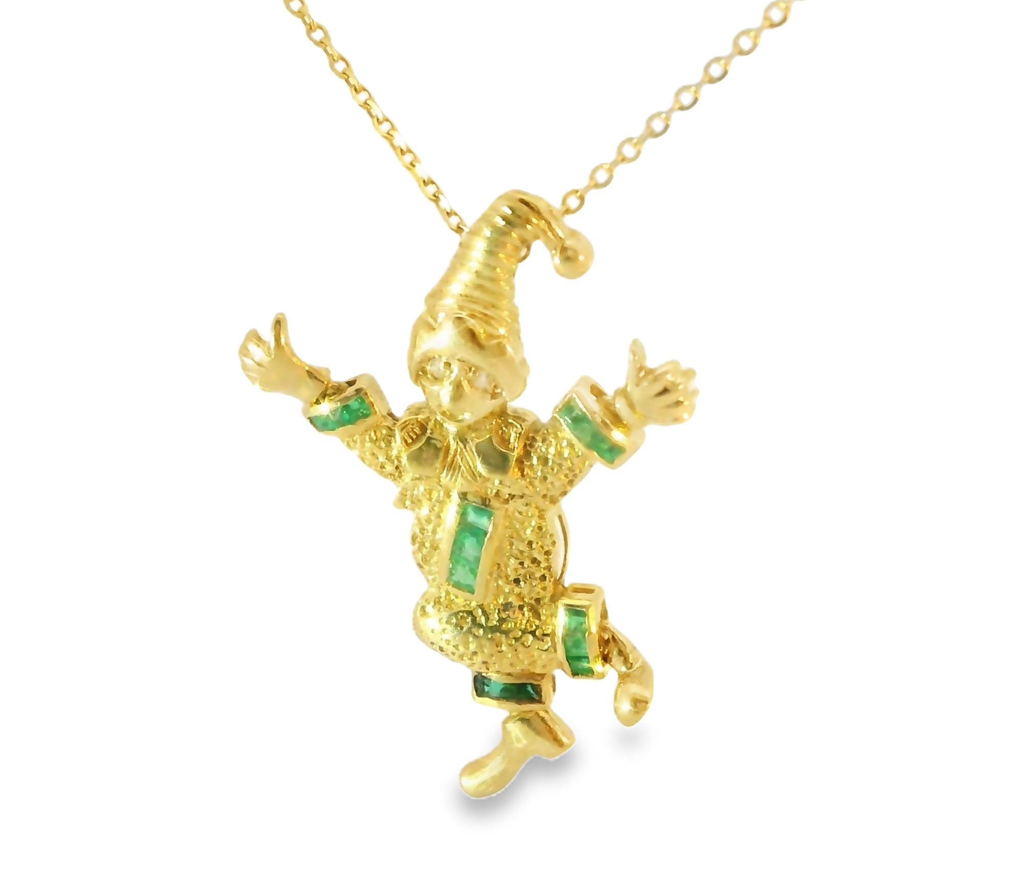 Beautiful Estate 18K Yellow Gold Emerald Clown Jester Movable Part Pendant - GGEMSonline