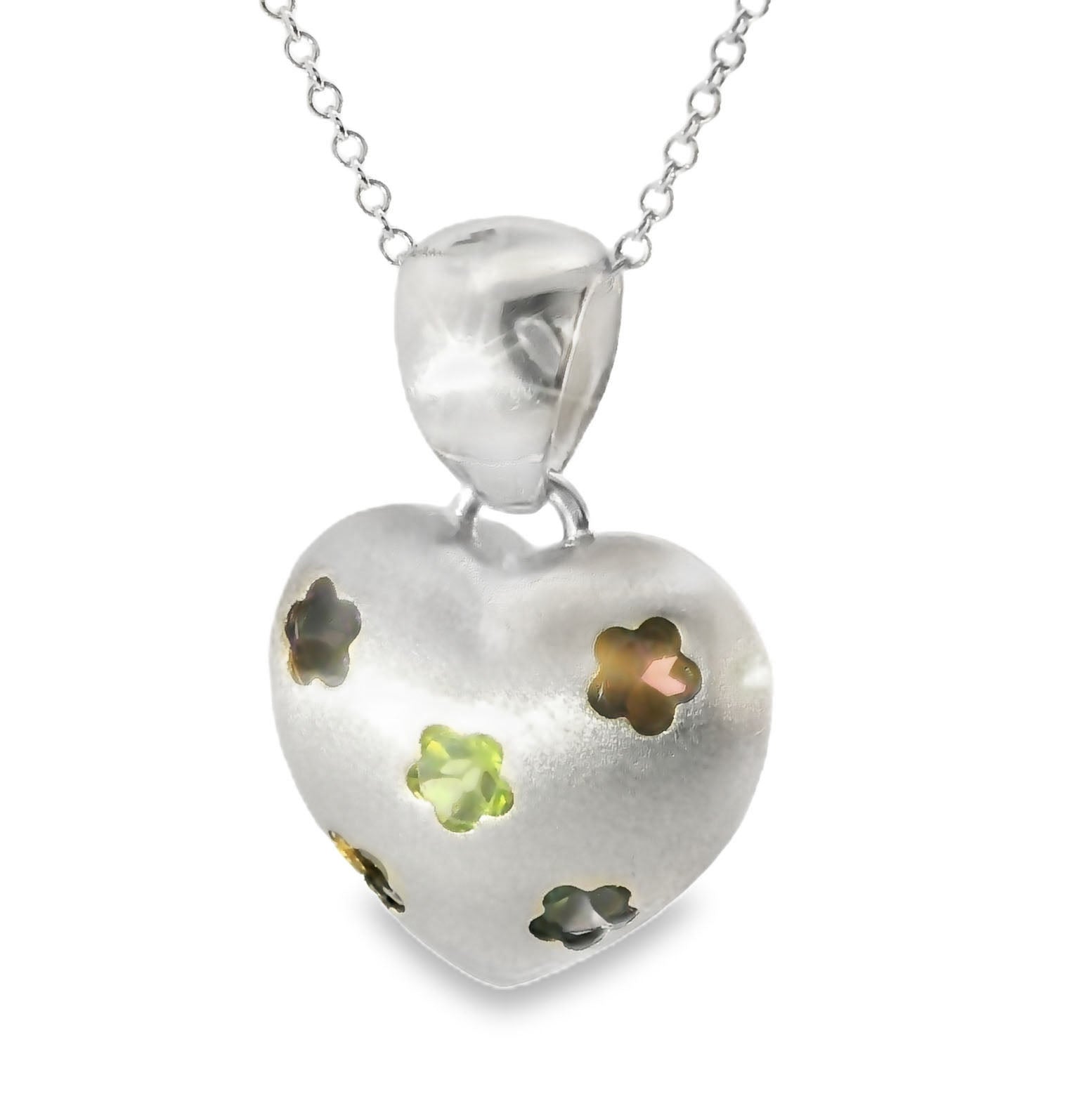 Matte 14K White Gold Floral Topaz Citrine Garnet Amethyst Peridot Heart Pendant - GGEMSonline