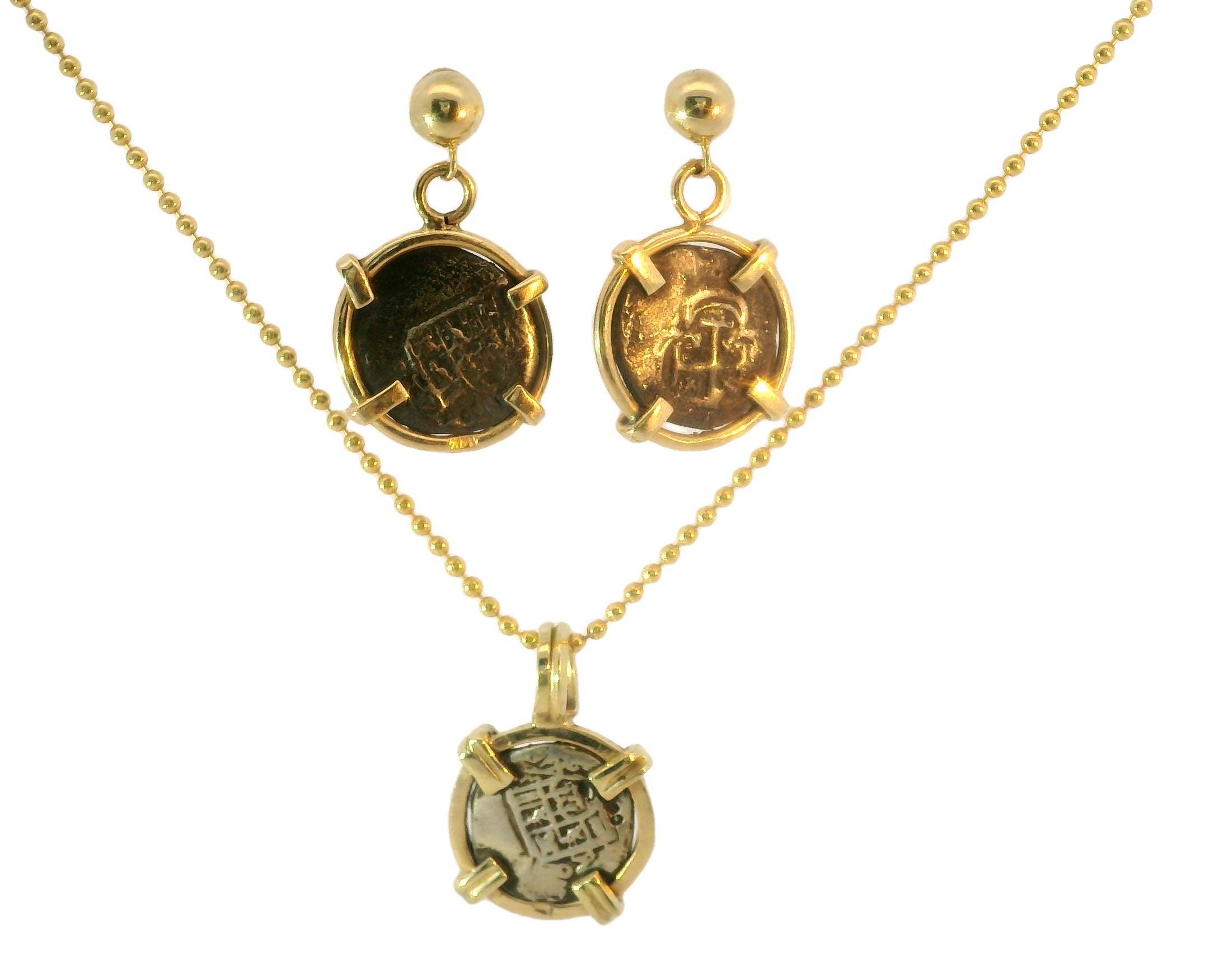 Stunning Antique Coin 14K Yellow Gold Set Earrings Pendant Necklace - GGEMSonline