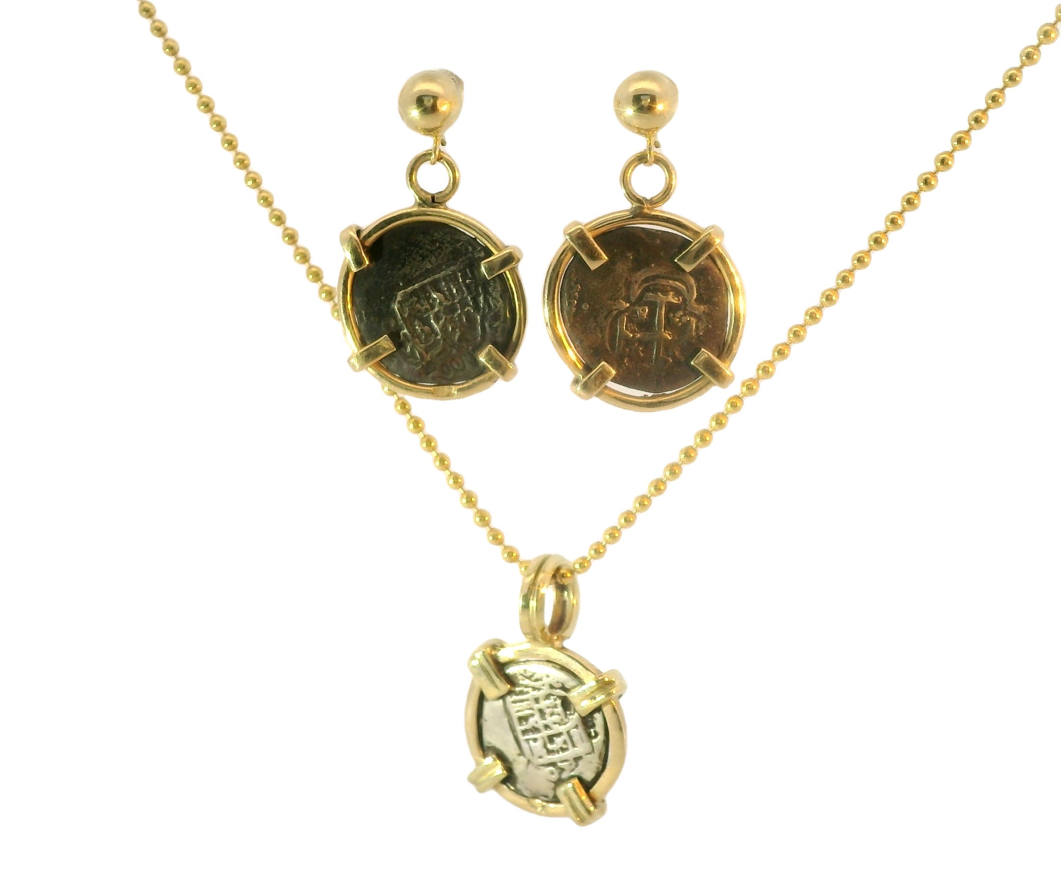 Stunning Antique Coin 14K Yellow Gold Set Earrings Pendant Necklace - GGEMSonline