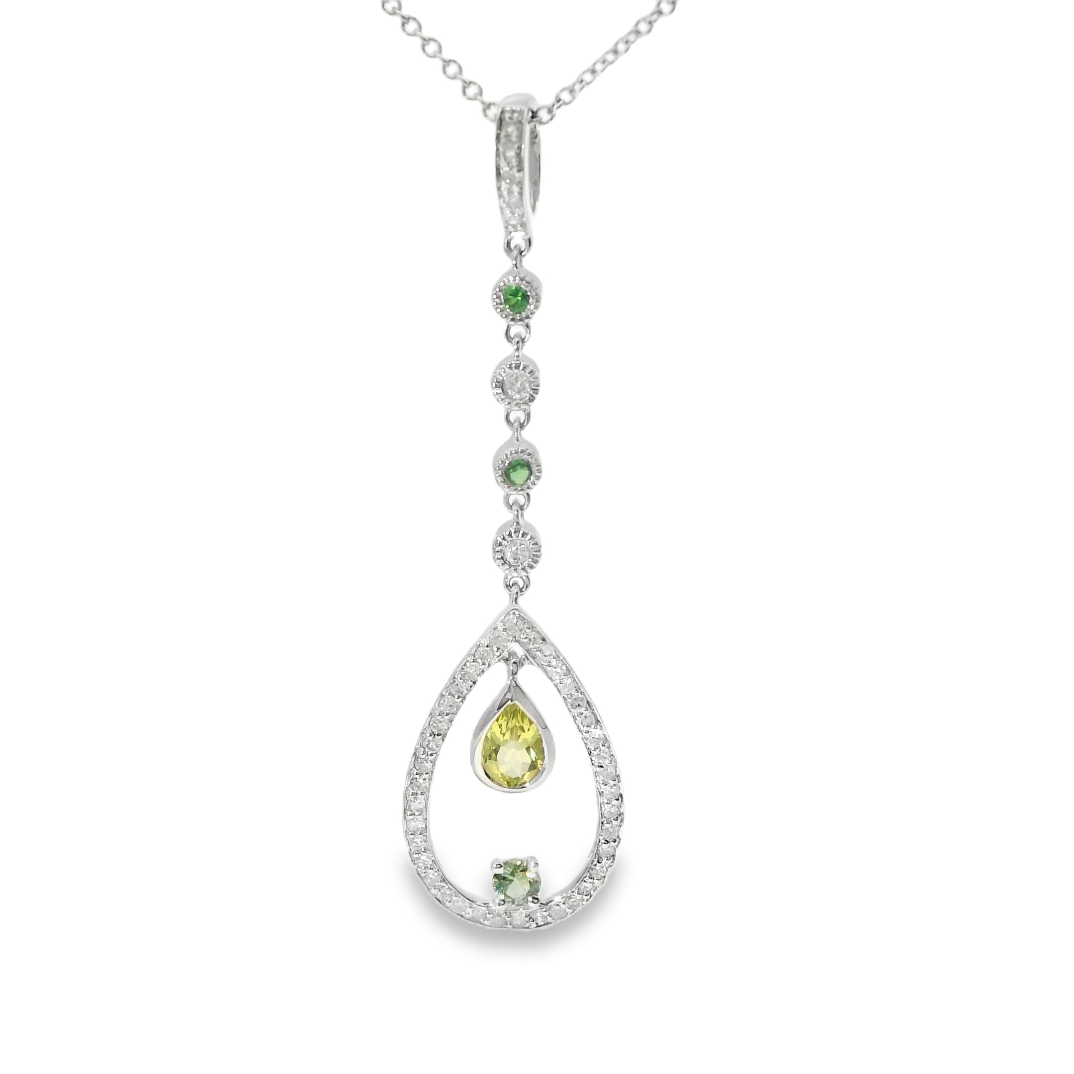 Beautiful 14K White Gold Green Amethyst Lemon Quartz Diamond Emerald Pendant - GGEMSonline