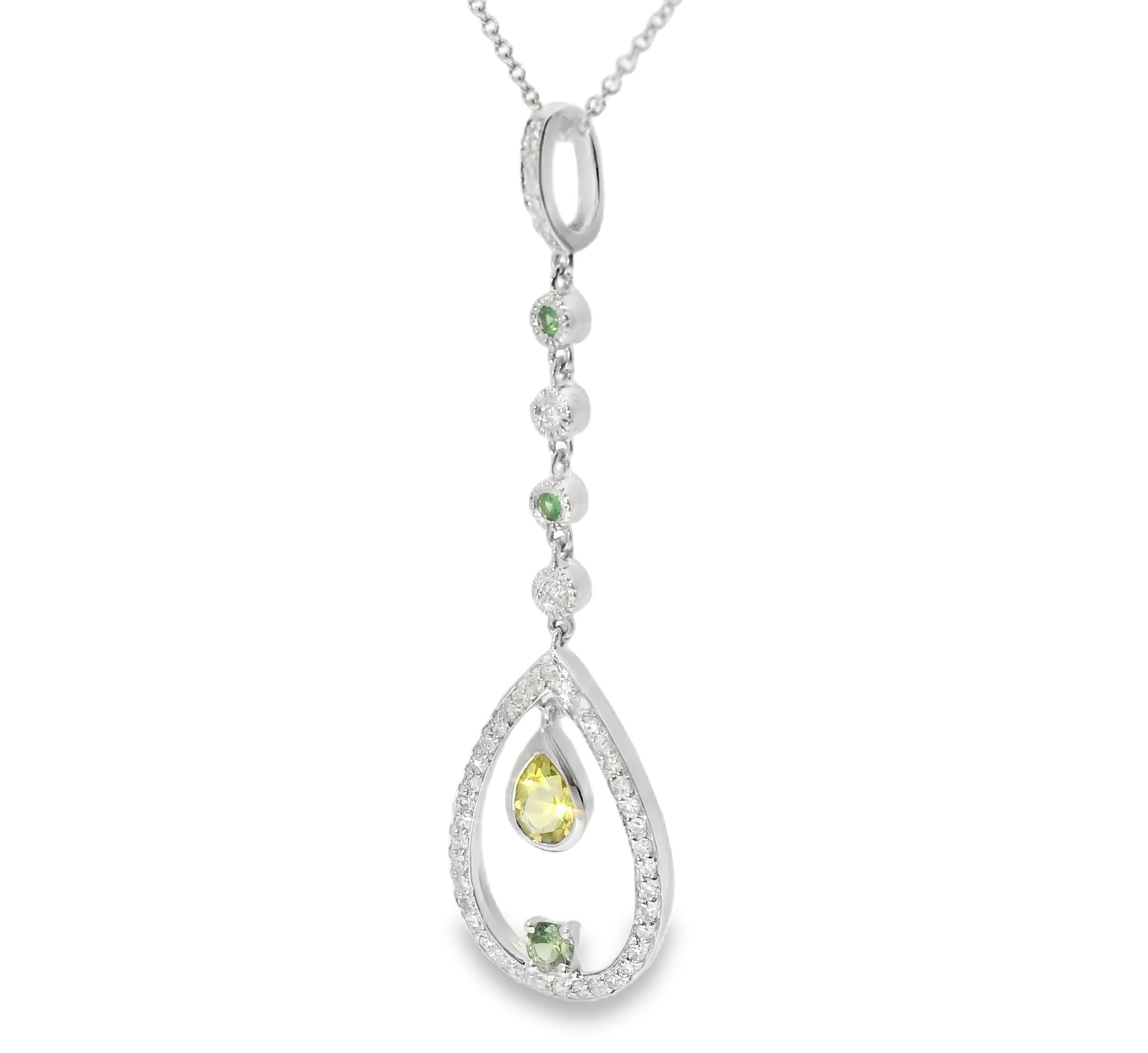 Beautiful 14K White Gold Green Amethyst Lemon Quartz Diamond Emerald Pendant - GGEMSonline