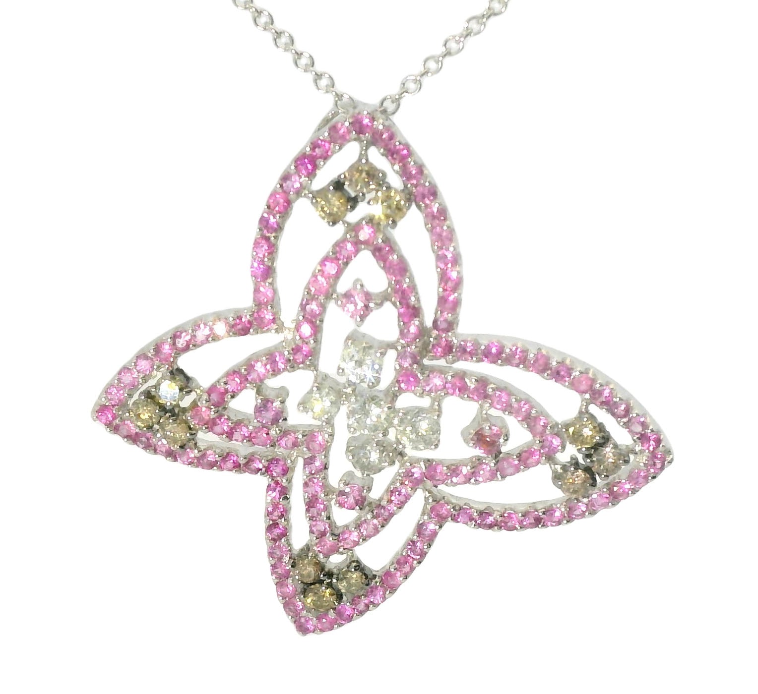 Estate 14K White Gold Sapphire Champagne Diamond Butterfly Pendant - GGEMSonline