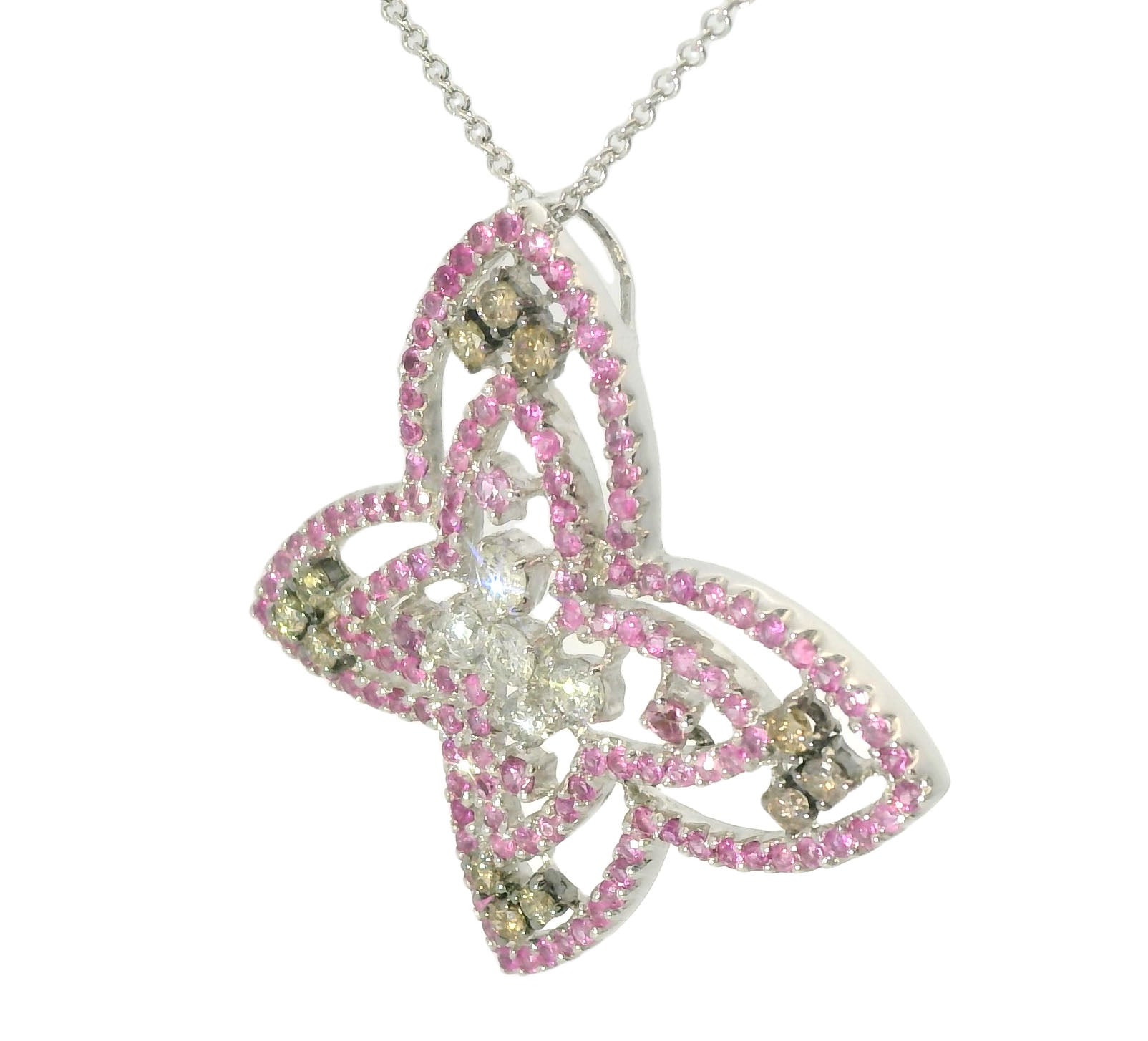 Estate 14K White Gold Sapphire Champagne Diamond Butterfly Pendant - GGEMSonline