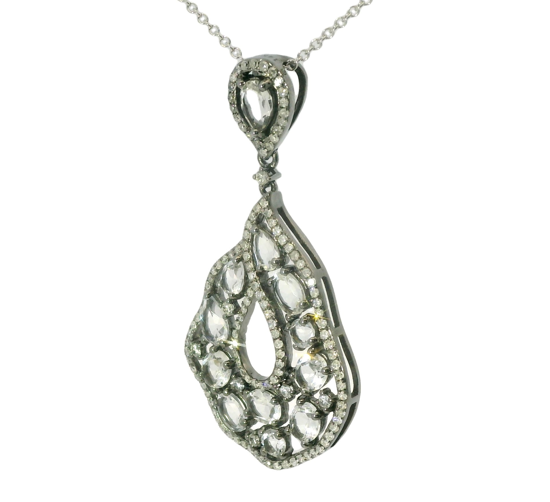 Gorgeous Estate 14K White Gold Topaz Diamond Drop Pendant Necklace - GGEMSonline