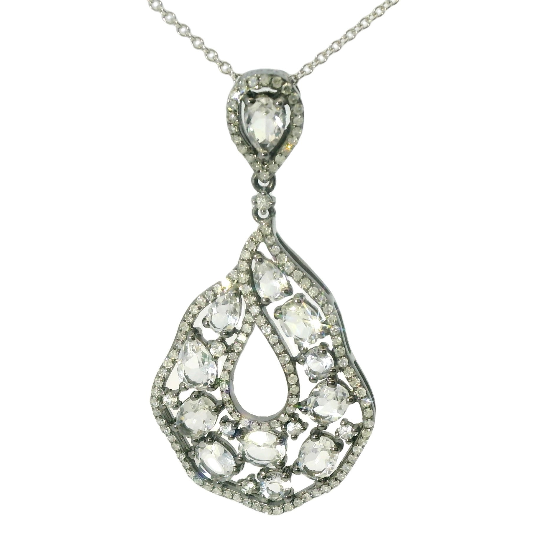 Gorgeous Estate 14K White Gold Topaz Diamond Drop Pendant Necklace - GGEMSonline