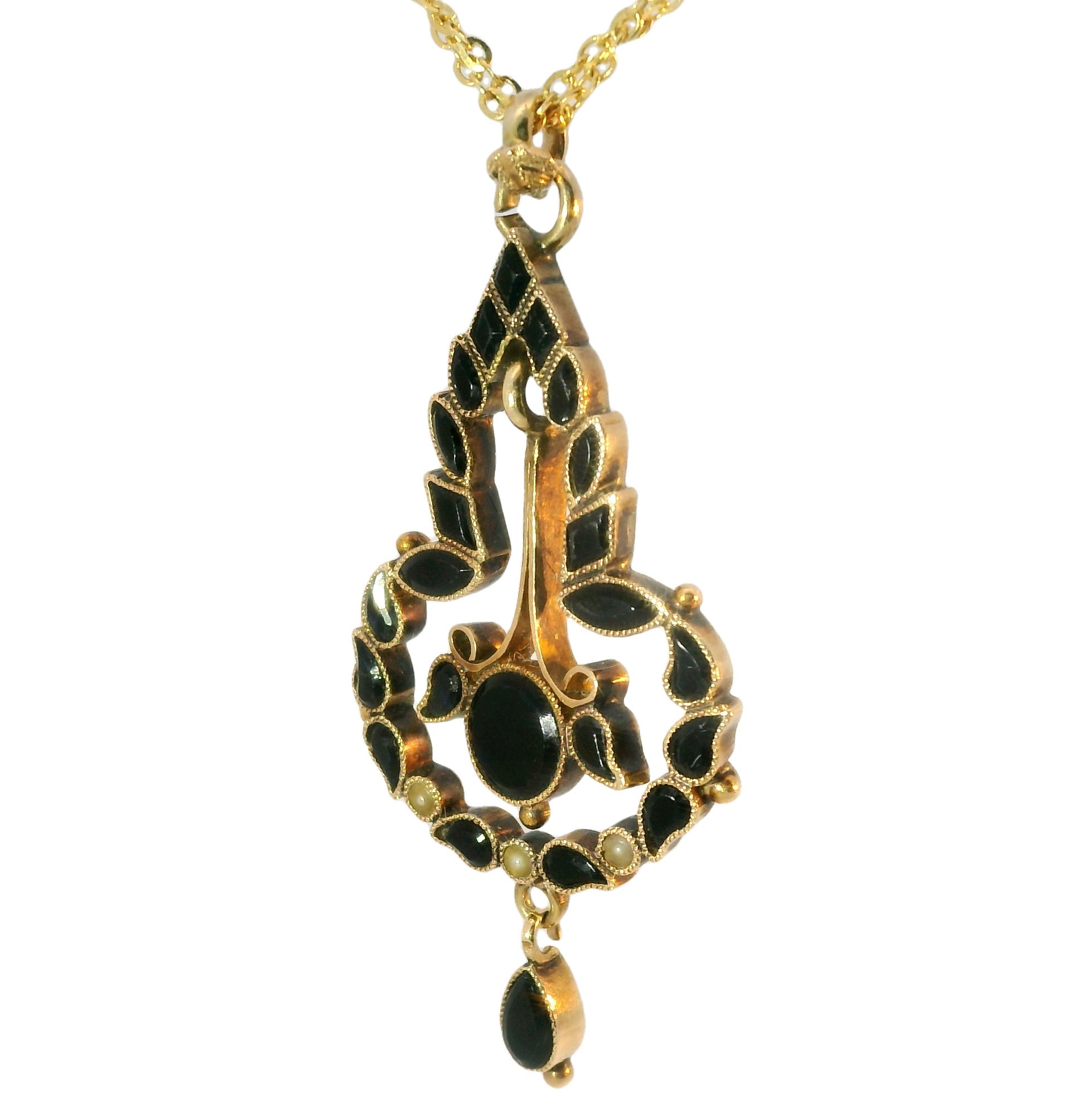 Gorgeous Antique 14K Pink Rose Gold Black Onyx Seed Pearl Mourning Pendant Slide - GGEMSonline