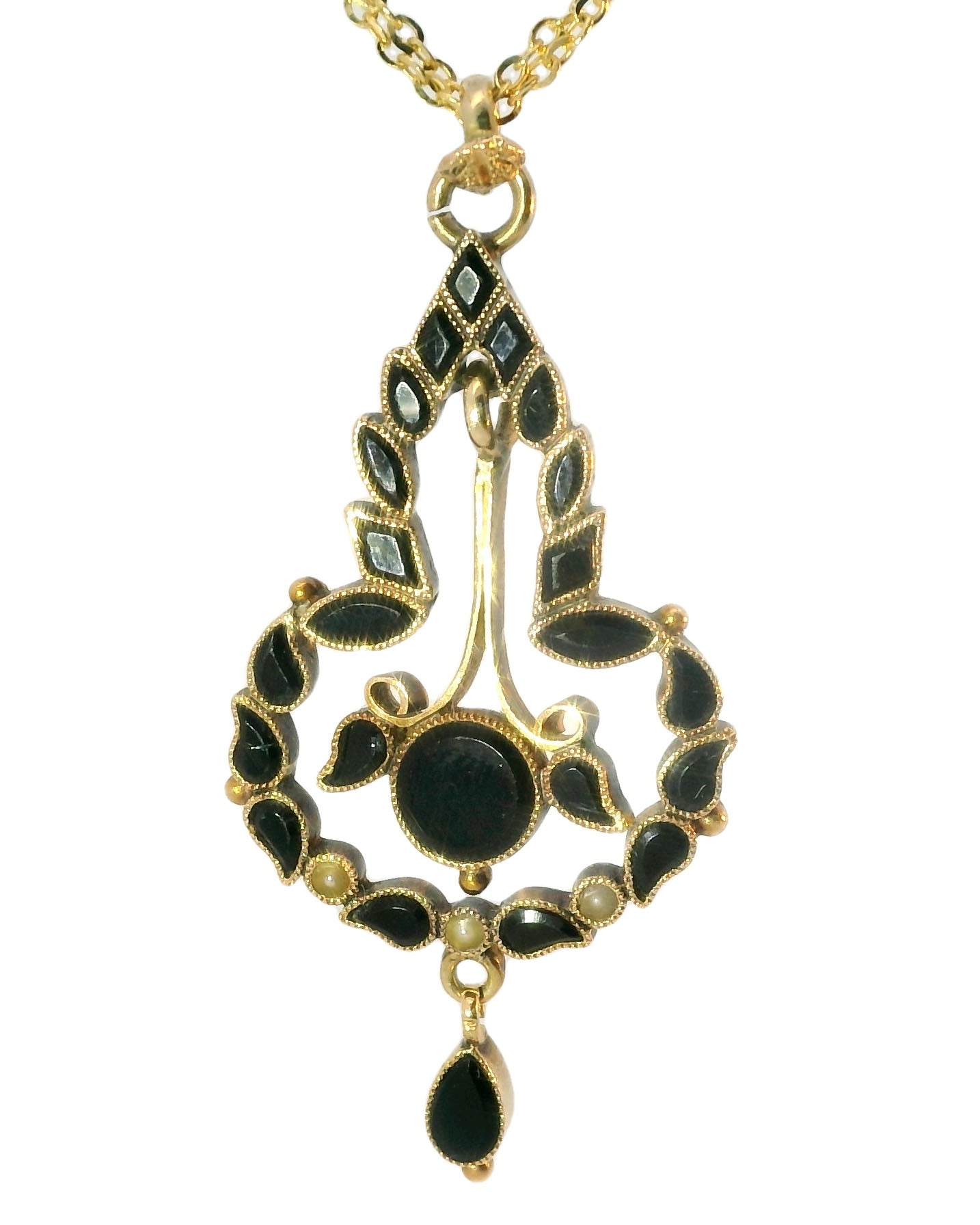 Gorgeous Antique 14K Pink Rose Gold Black Onyx Seed Pearl Mourning Pendant Slide - GGEMSonline