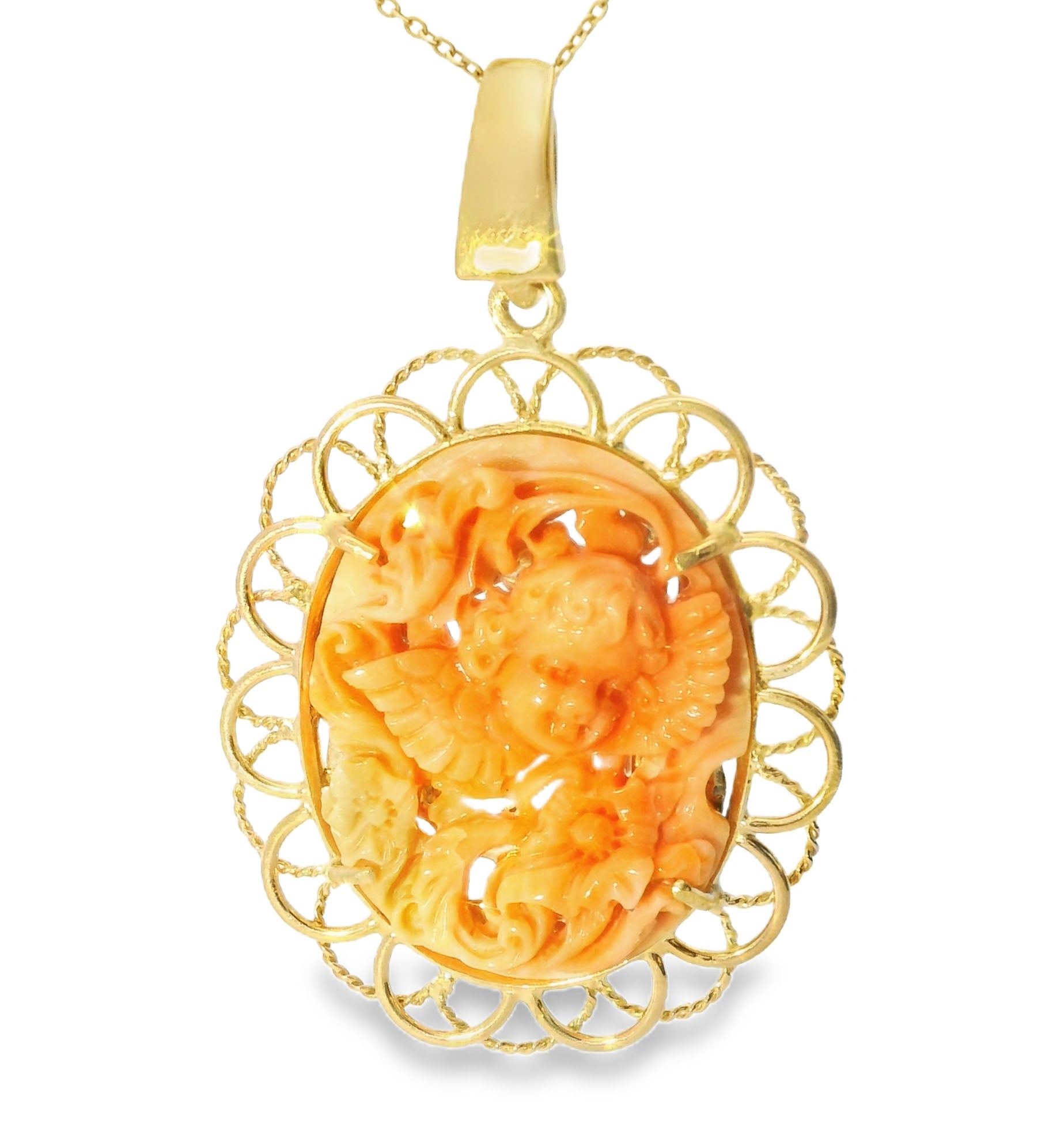 Estate Cameo 14K Gold Filigree Carved Red Coral Reversible Angel Pendant Slide - GGEMSonline