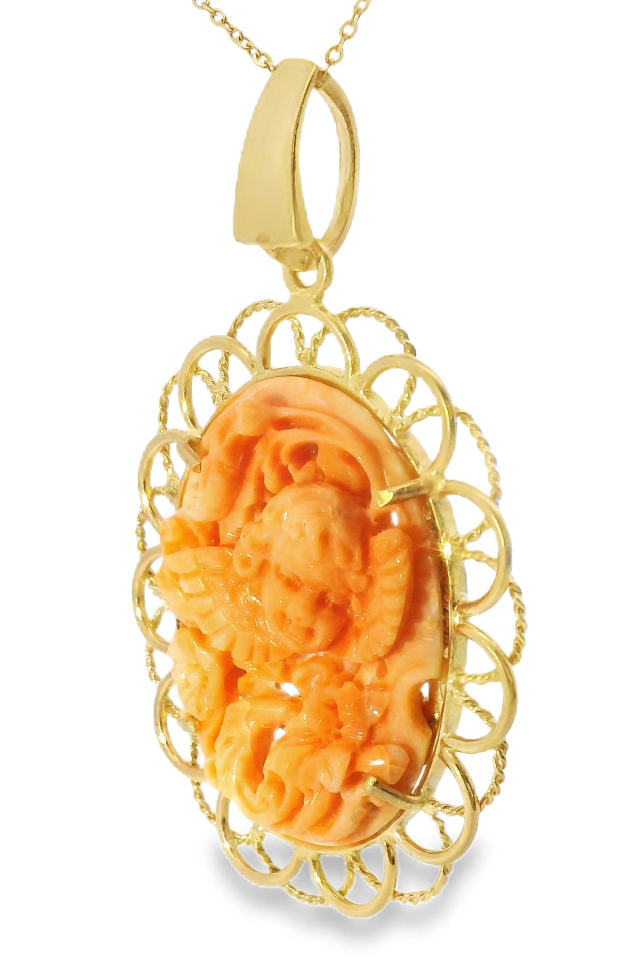 Estate Cameo 14K Gold Filigree Carved Red Coral Reversible Angel Pendant Slide - GGEMSonline