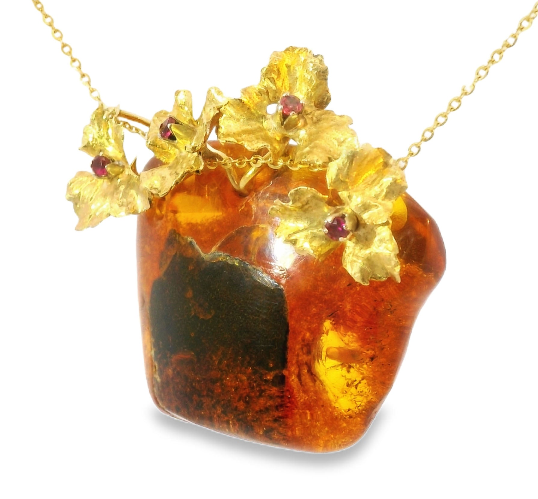 Rare Beautiful Amber 14K Gold Ruby Floral Pendant Necklace - GGEMSonline