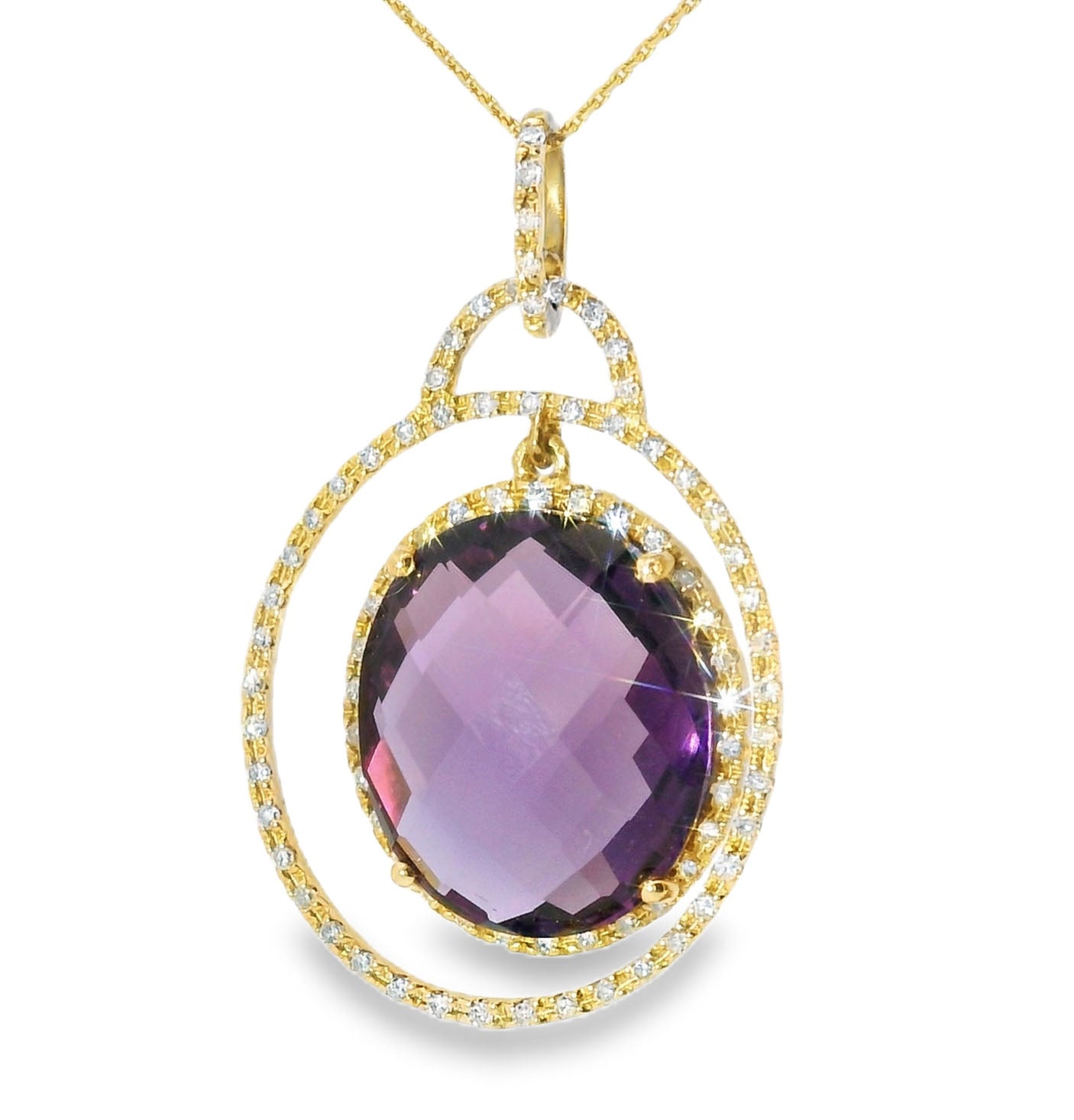 Gorgeous Estate 14K Yellow Gold Amethyst Diamond Drop Necklace - GGEMSonline