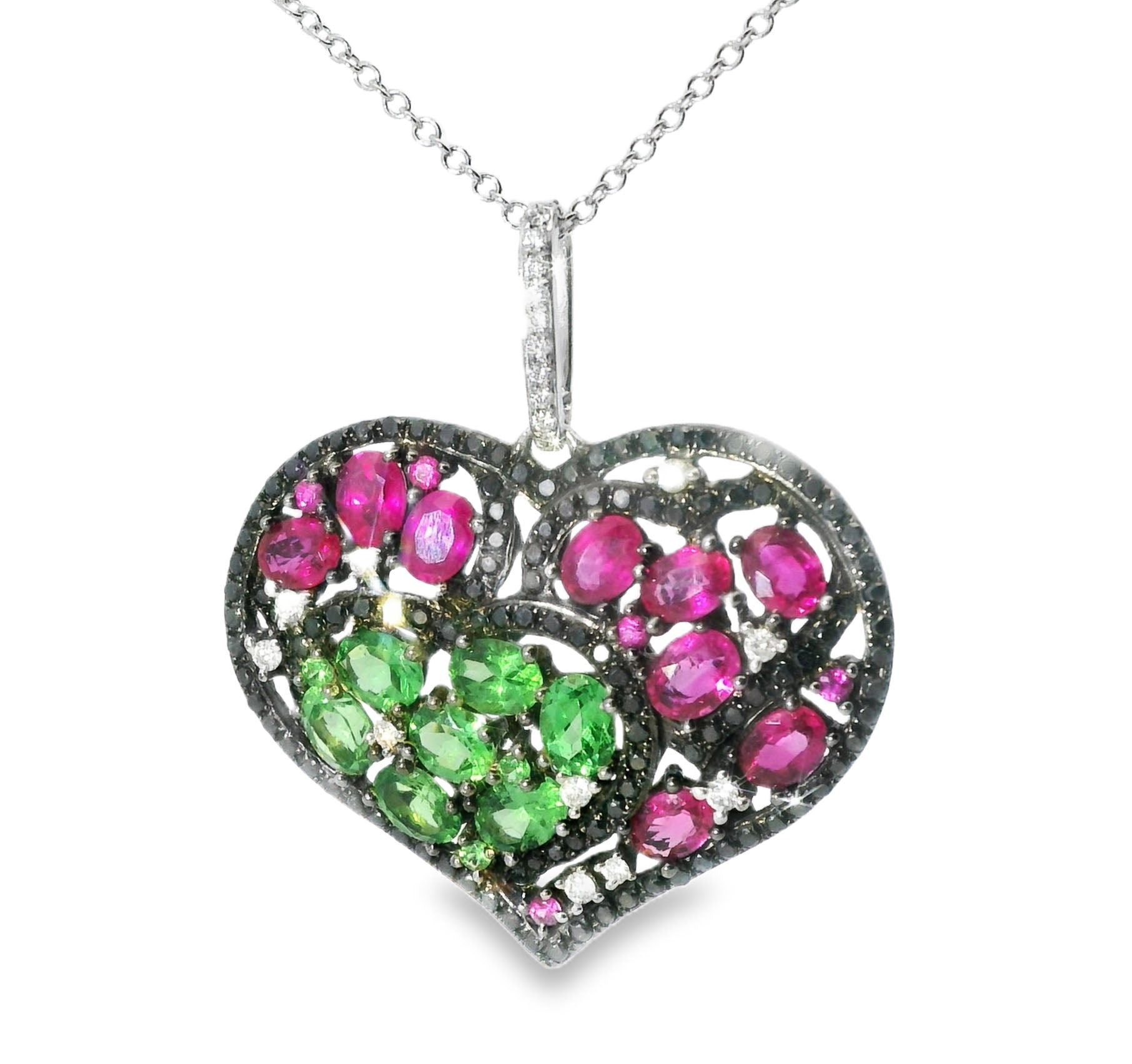 Gorgeous 18K Black White Gold Diamond Red Green Sapphire Heart Pendant Necklace - GGEMSonline
