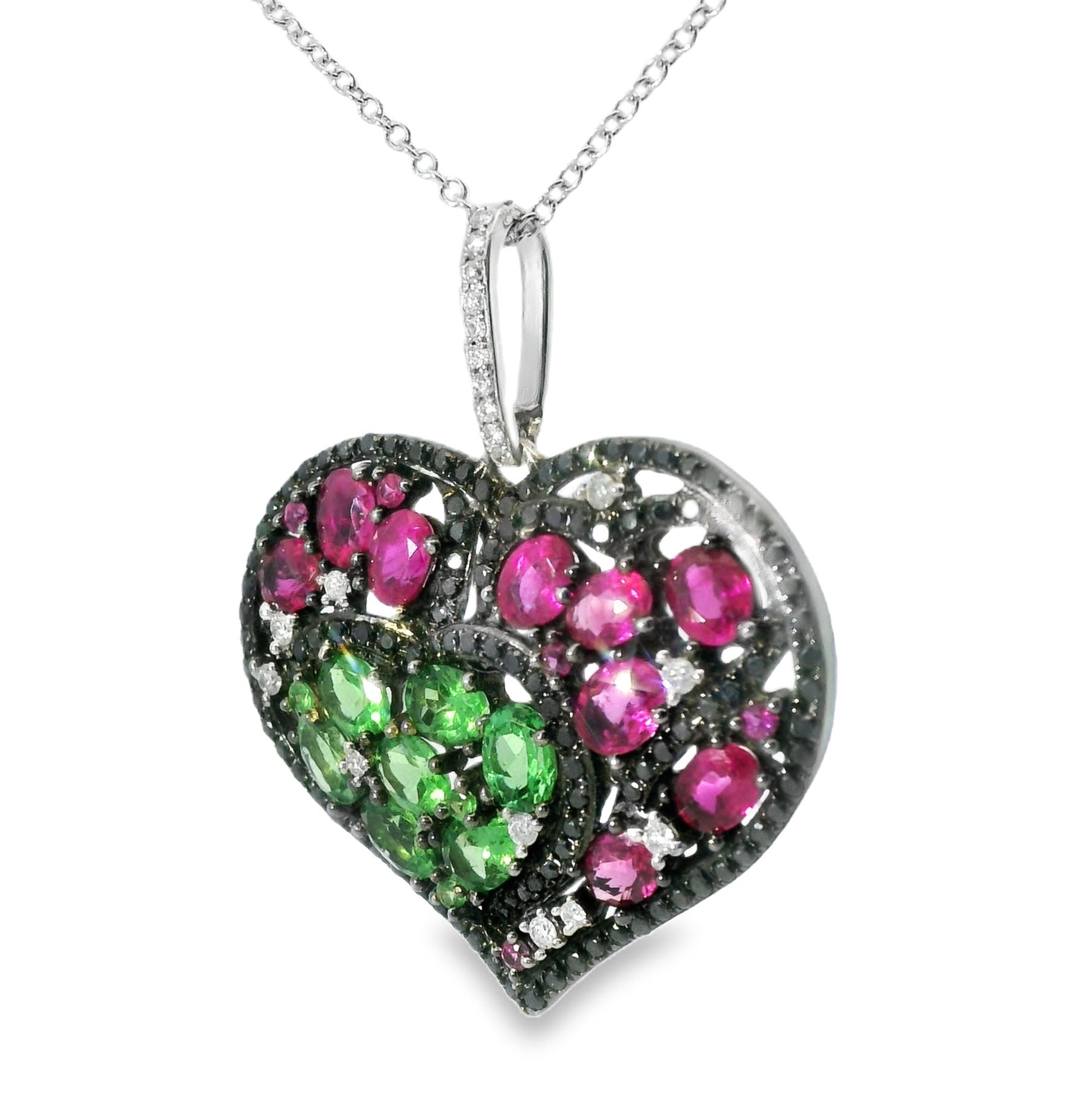 Gorgeous 18K Black White Gold Diamond Red Green Sapphire Heart Pendant Necklace - GGEMSonline
