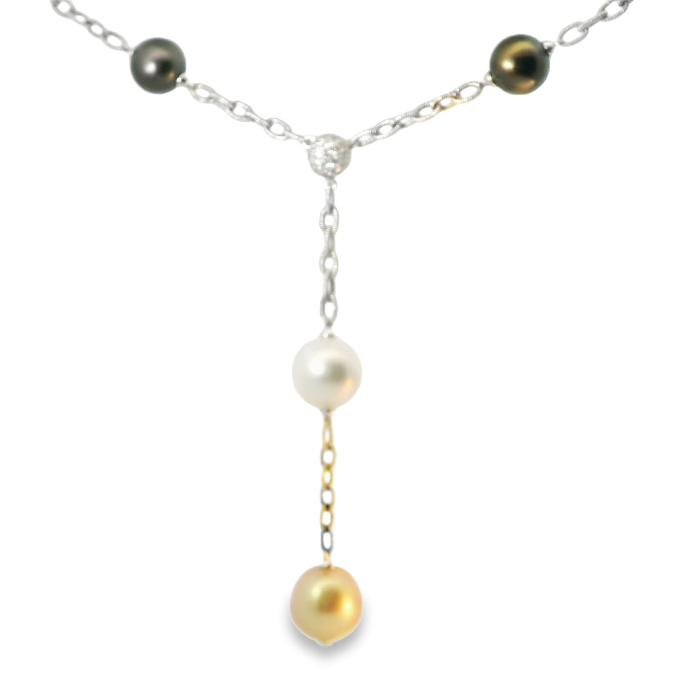 Unique 18K White Gold Diamond Gemstone Tahitian Pearl Pendant Necklace - GGEMSonline