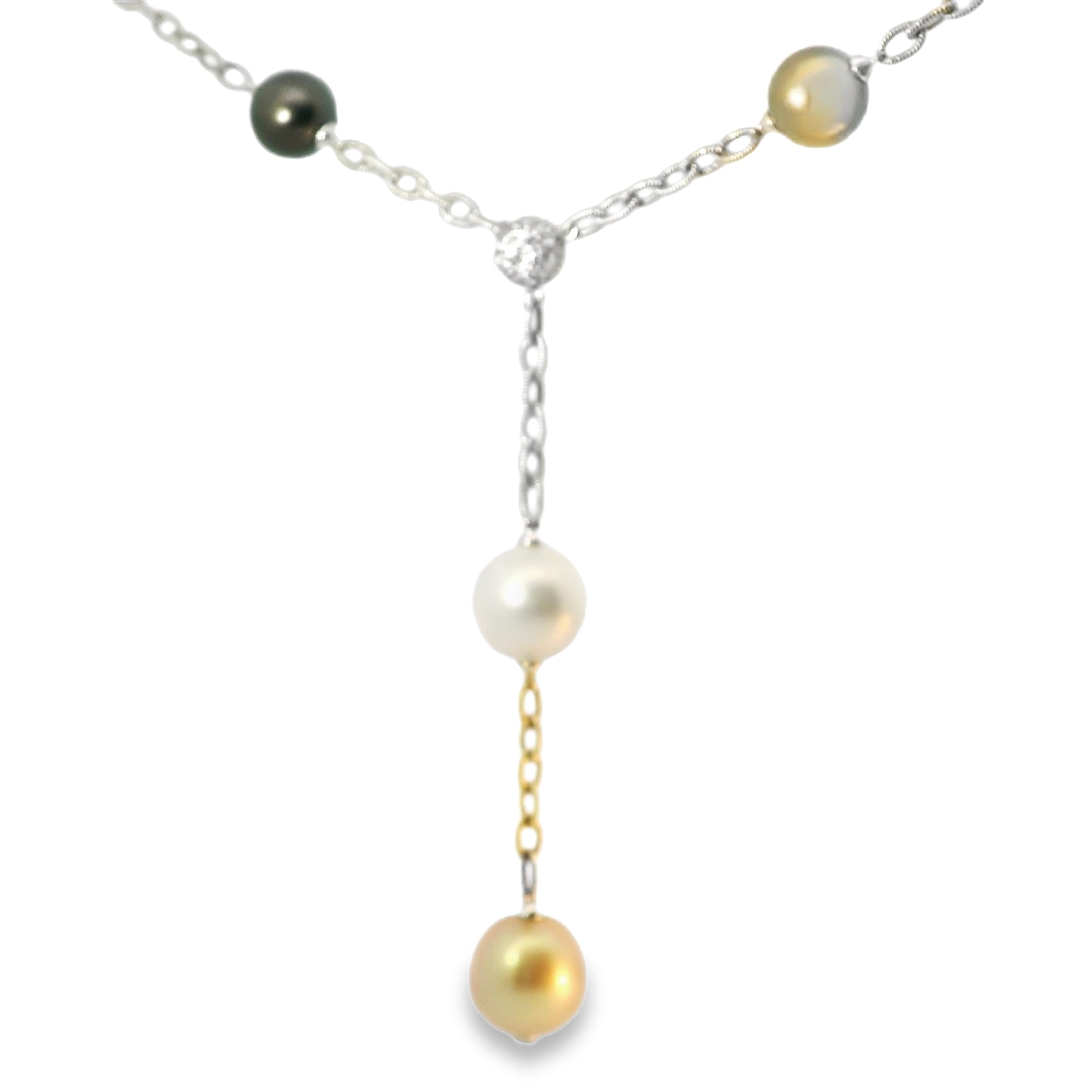 Unique 18K White Gold Diamond Gemstone Tahitian Pearl Pendant Necklace - GGEMSonline