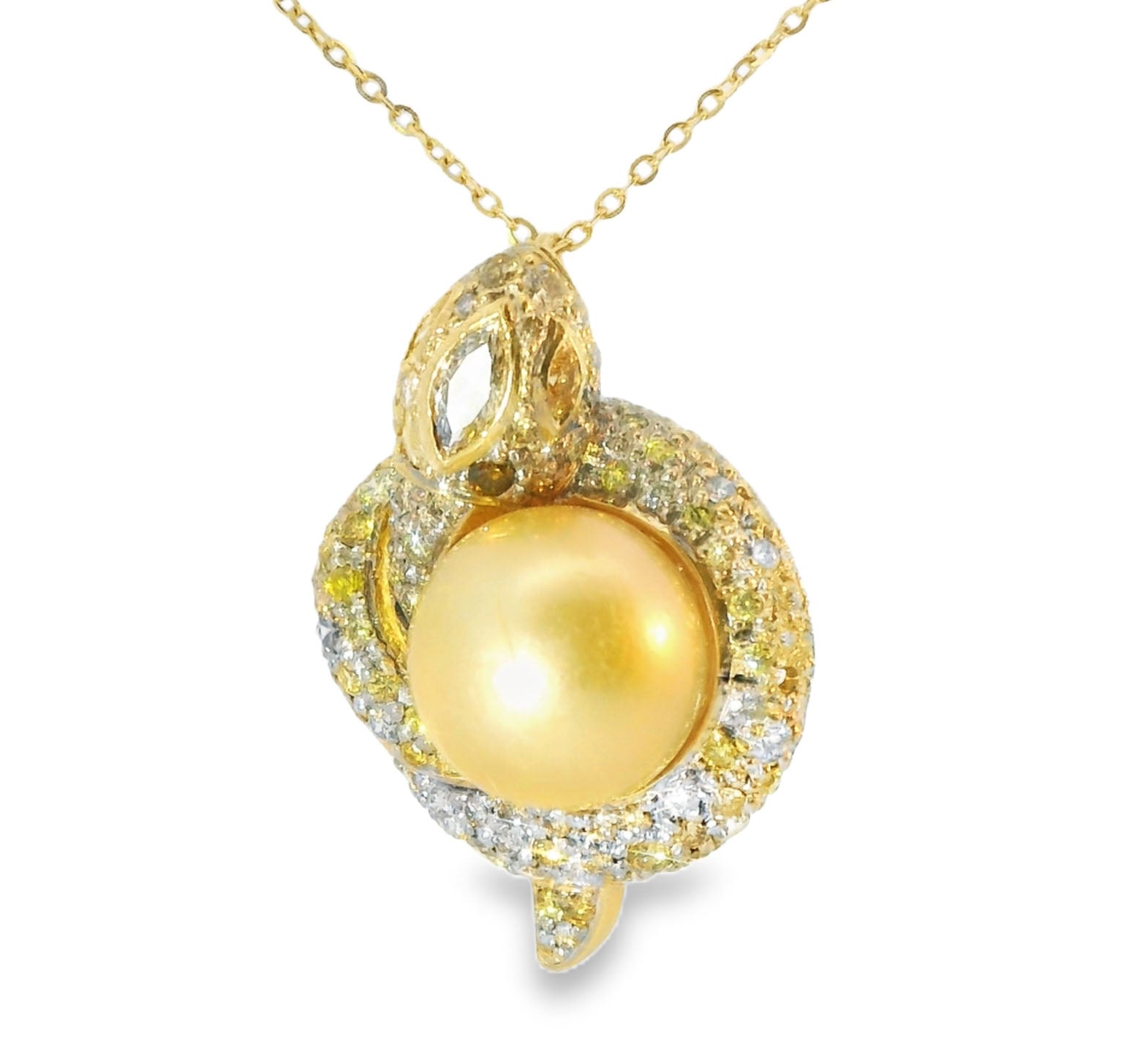 Magnificent 18K Yellow Gold Diamond Tahitian Yellow Pearl Snake Pendant Slide - GGEMSonline