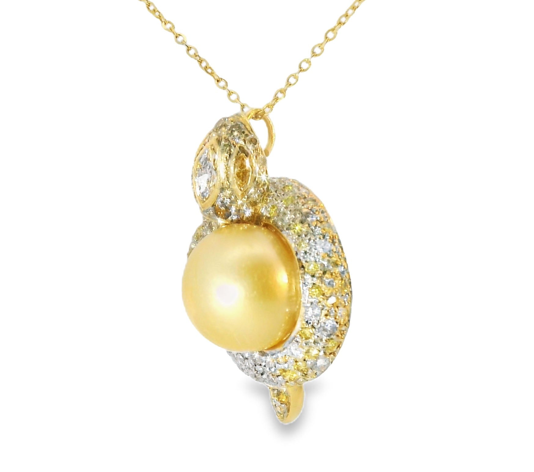 Magnificent 18K Yellow Gold Diamond Tahitian Yellow Pearl Snake Pendant Slide - GGEMSonline