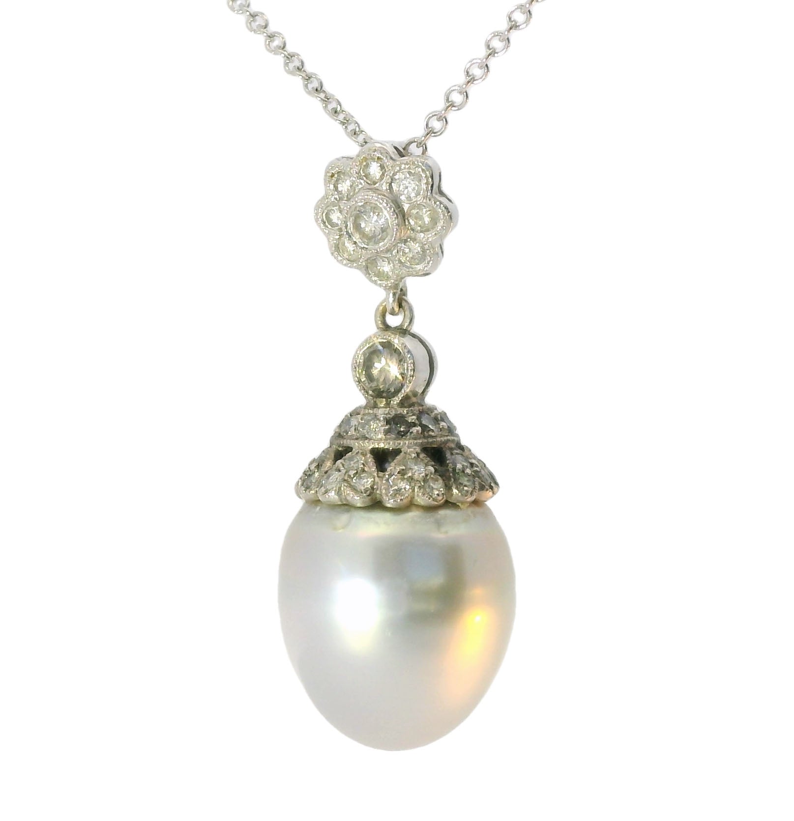 Magnificent Estate 18K White Gold Filigree Cultured Pearl Diamond Pendant Slide - GGEMSonline