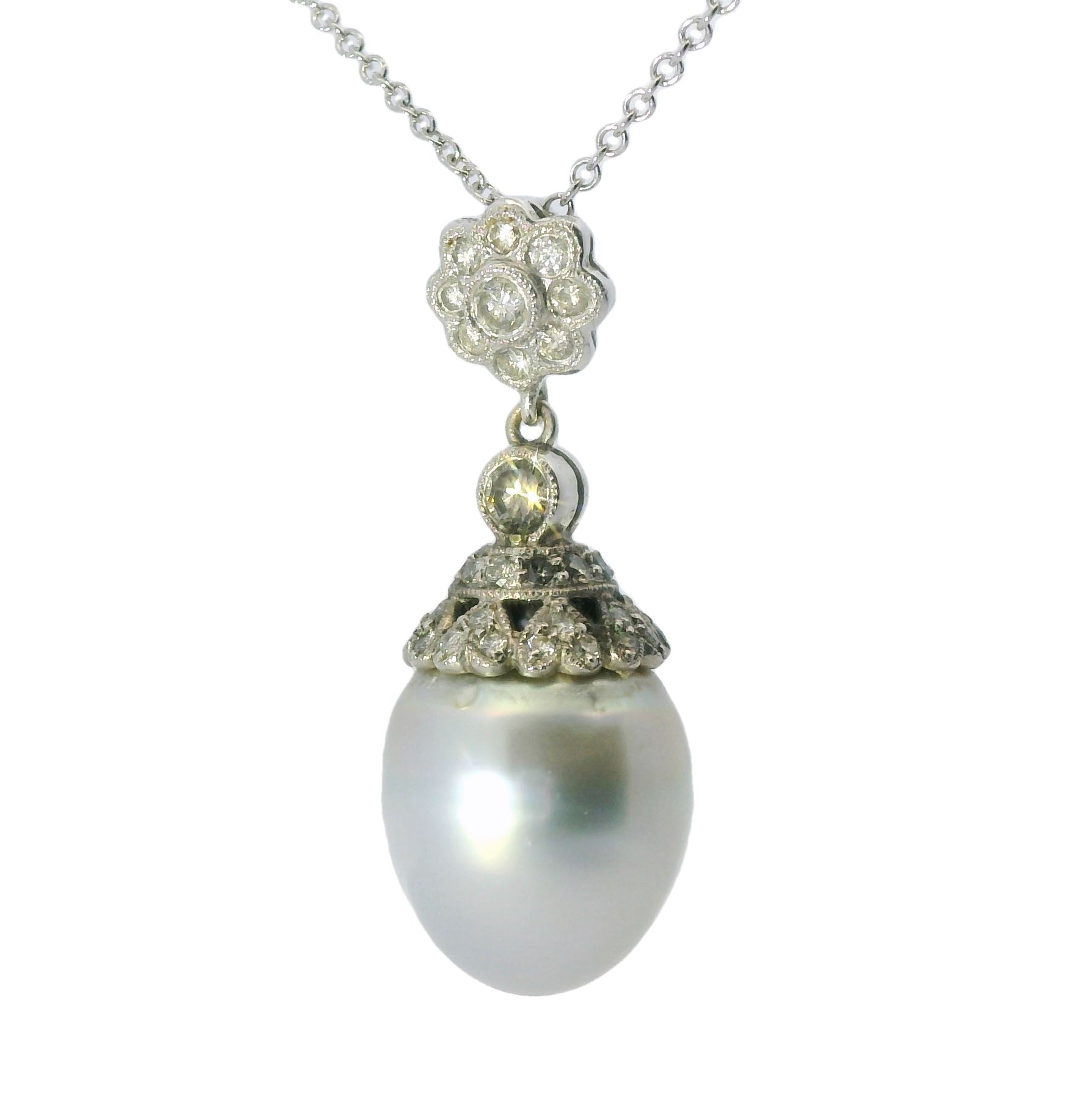 Magnificent Estate 18K White Gold Filigree Cultured Pearl Diamond Pendant Slide - GGEMSonline
