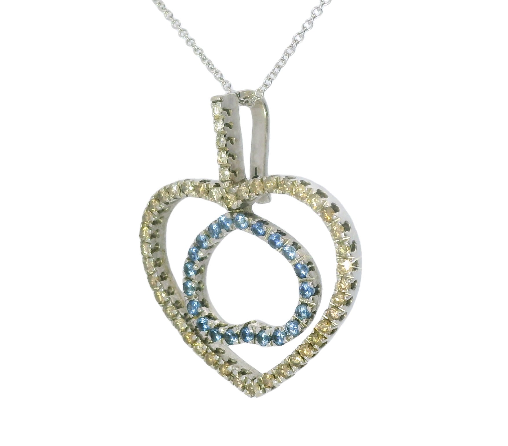 Gorgeous 18K White Gold Champagne Diamond Sapphire Double Heart Pendant Enhancer - GGEMSonline