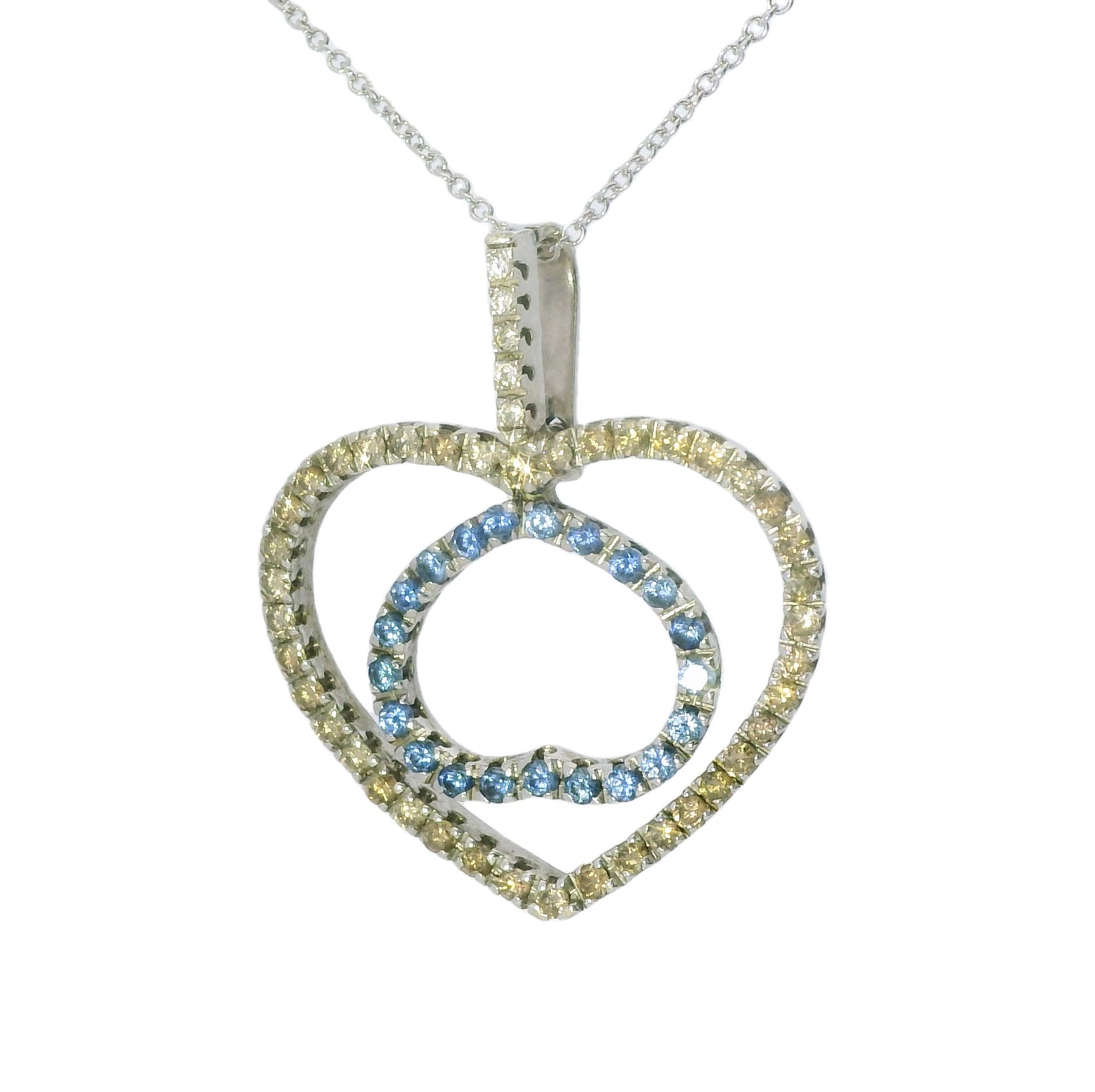 Gorgeous 18K White Gold Champagne Diamond Sapphire Double Heart Pendant Enhancer - GGEMSonline