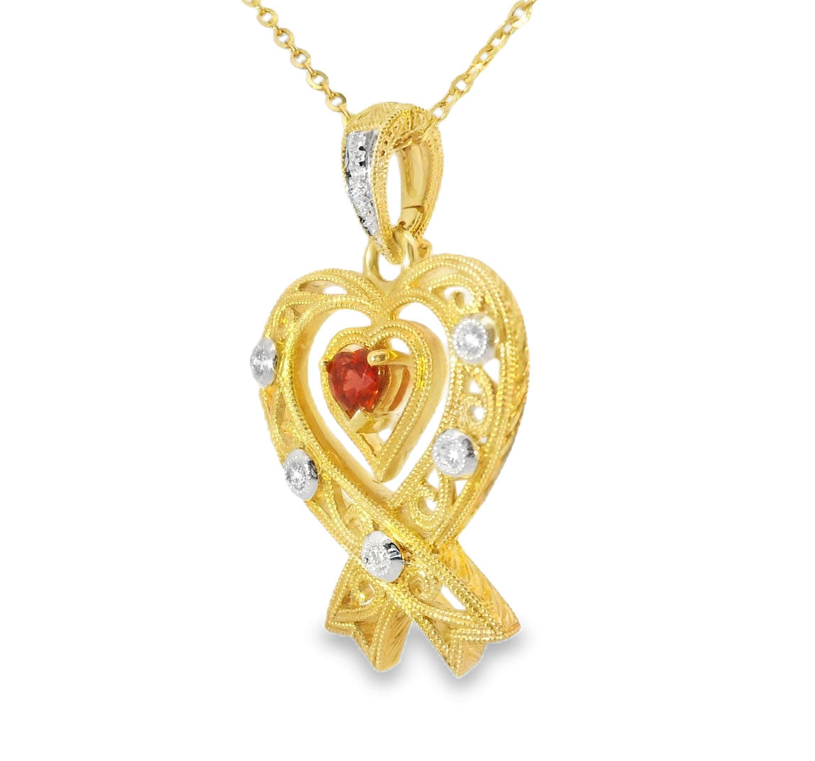Fabulous Estate 14K Yellow Gold Filigree Diamond Red Sapphire Pendant - GGEMSonline