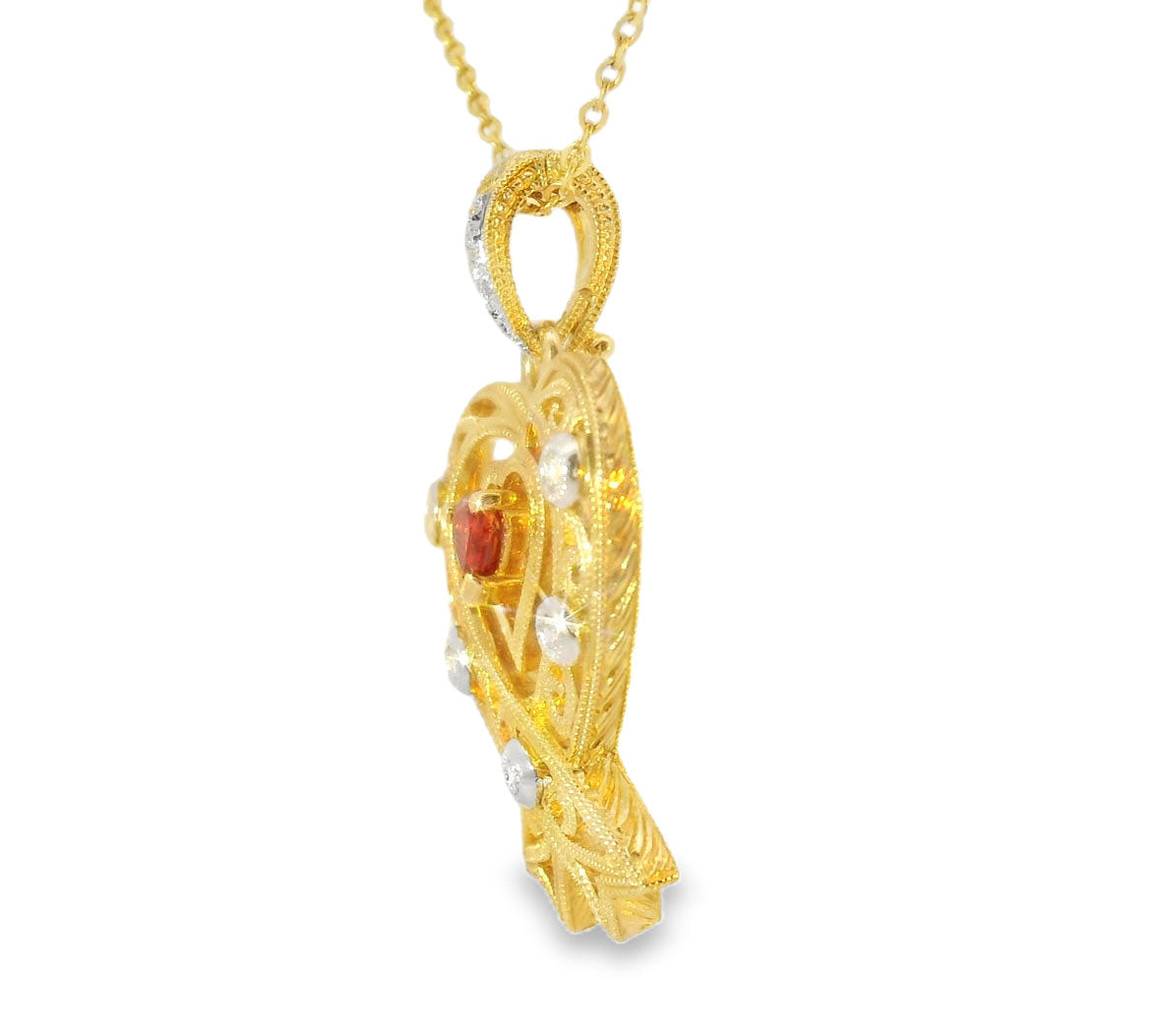 Fabulous Estate 14K Yellow Gold Filigree Diamond Red Sapphire Pendant - GGEMSonline