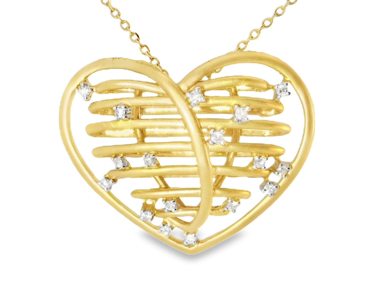 Beautiful Estate 14K Matte Yellow Gold Huge Wired Diamond Heart Pendant - GGEMSonline