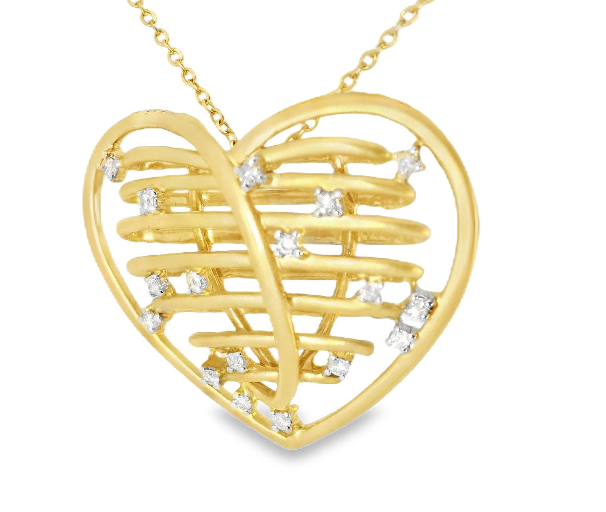 Beautiful Estate 14K Matte Yellow Gold Huge Wired Diamond Heart Pendant - GGEMSonline