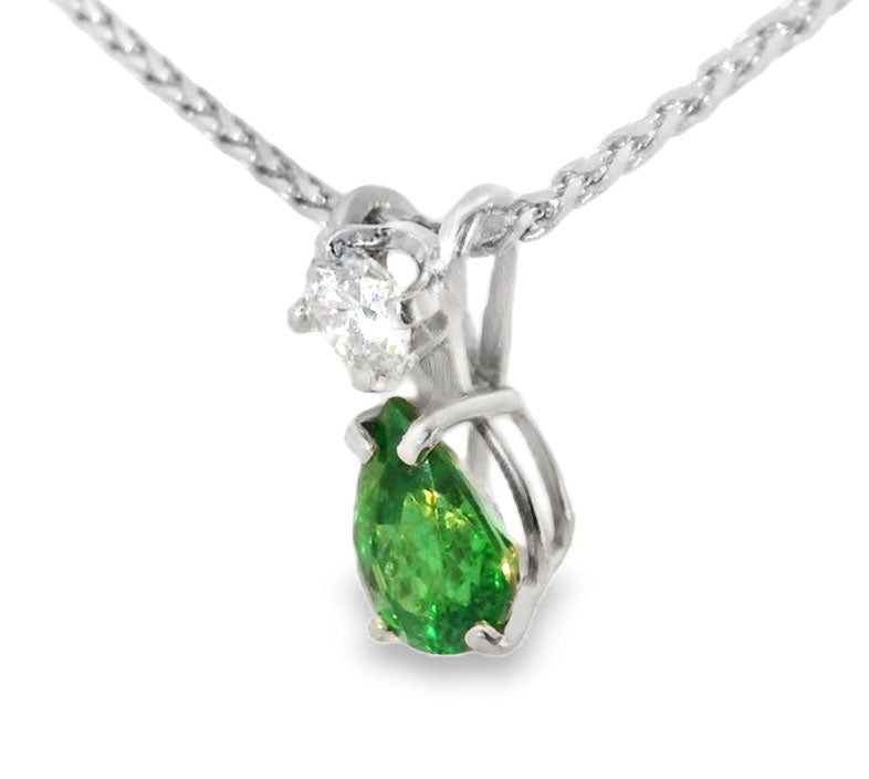 Beautiful 14K White Gold Pear Emerald Diamond Drop Pendant Necklace - GGEMSonline