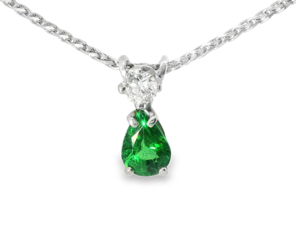 14K White Gold Pear Emerald Diamond Drop Pendant Necklace Estate