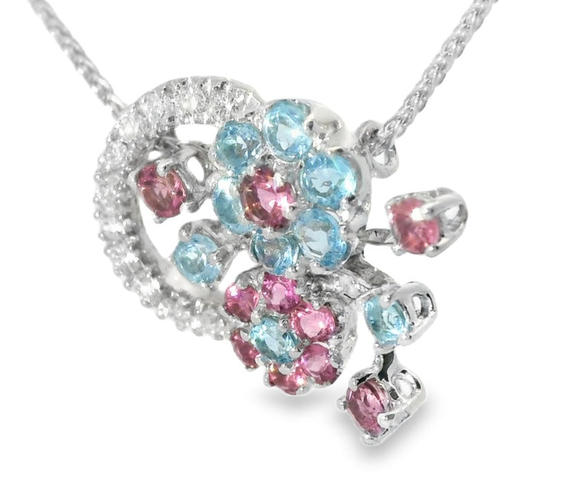 Magnificent Estate 18K White Gold Tourmaline Topaz Diamond Floral Necklace - GGEMSonline