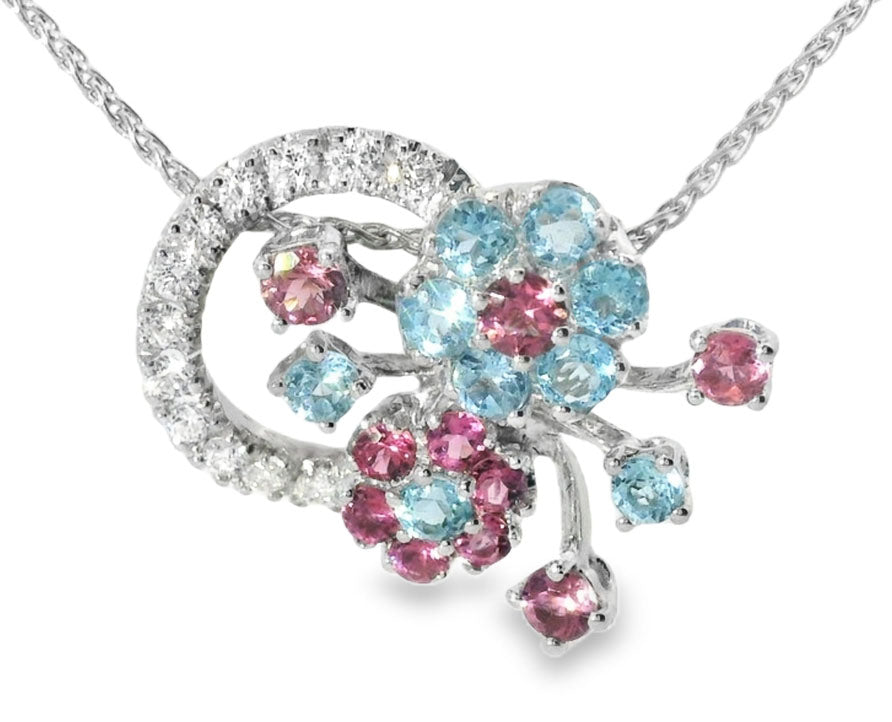 Magnificent Estate 18K White Gold Tourmaline Topaz Diamond Floral Necklace - GGEMSonline