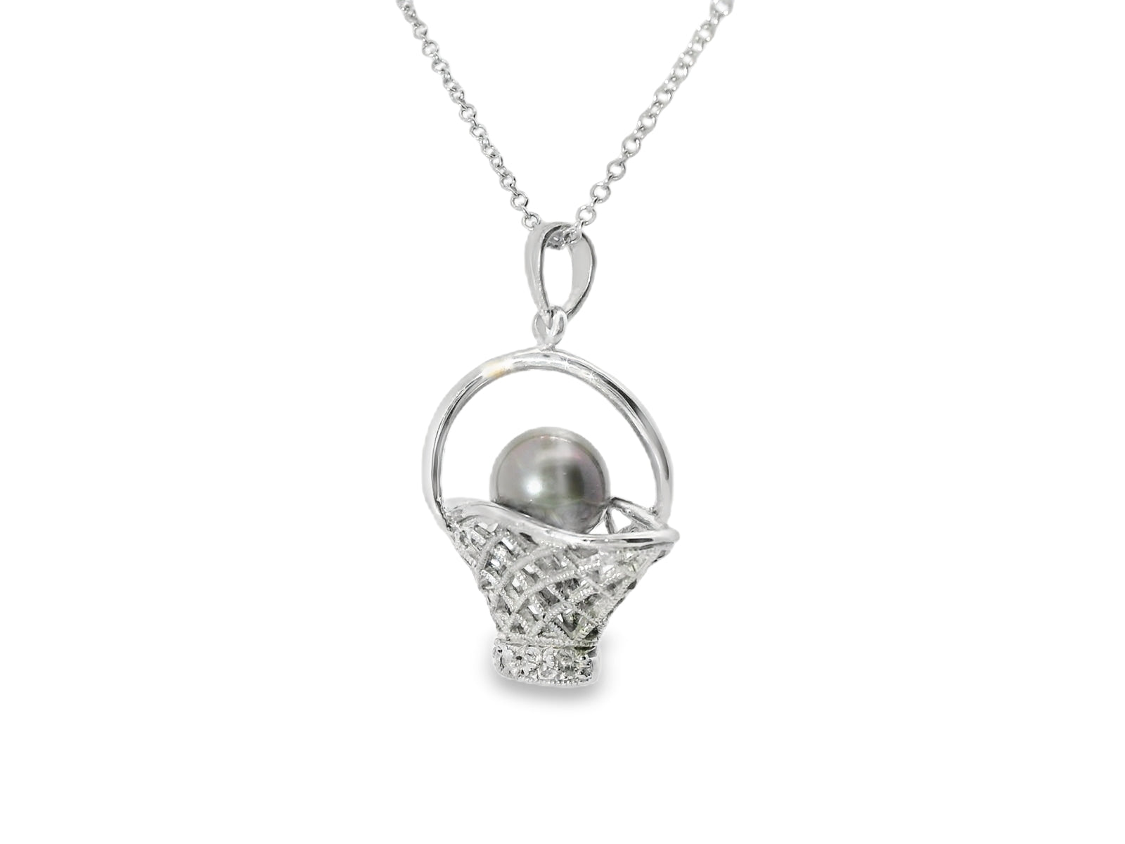 Gorgeous Estate 14K White Gold Black Pearl Diamond Basket Charm Pendant - GGEMSonline