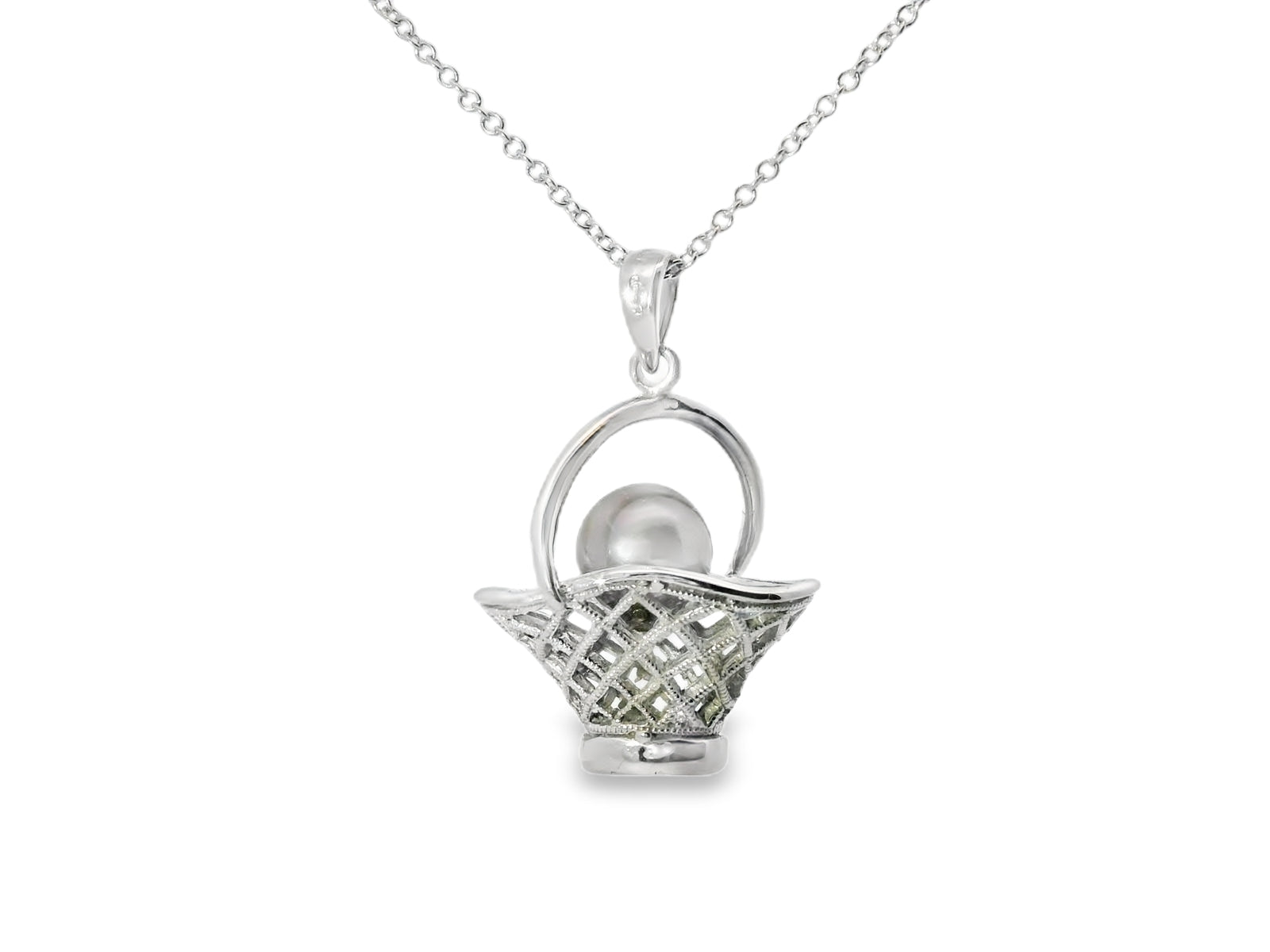 Gorgeous Estate 14K White Gold Black Pearl Diamond Basket Charm Pendant - GGEMSonline