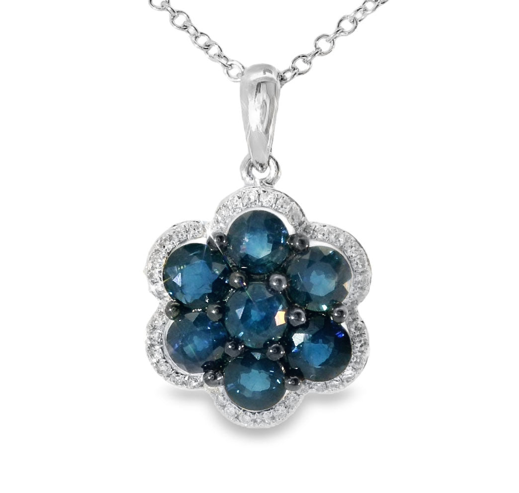 Beautiful 14K White Gold Diamond Sapphire Floral Slide Pendant - GGEMSonline