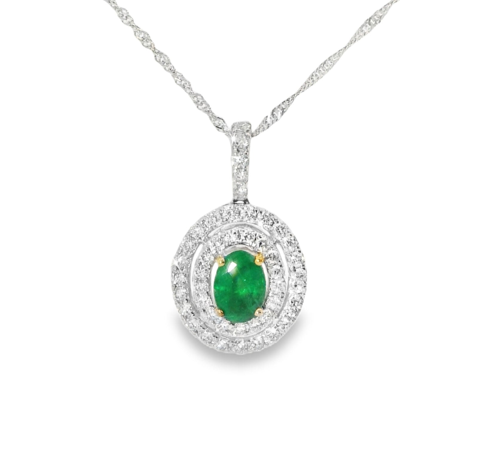 Gorgeous 14K White Gold Oval Natural Emerald Diamond Drop Pendant Necklace - GGEMSonline
