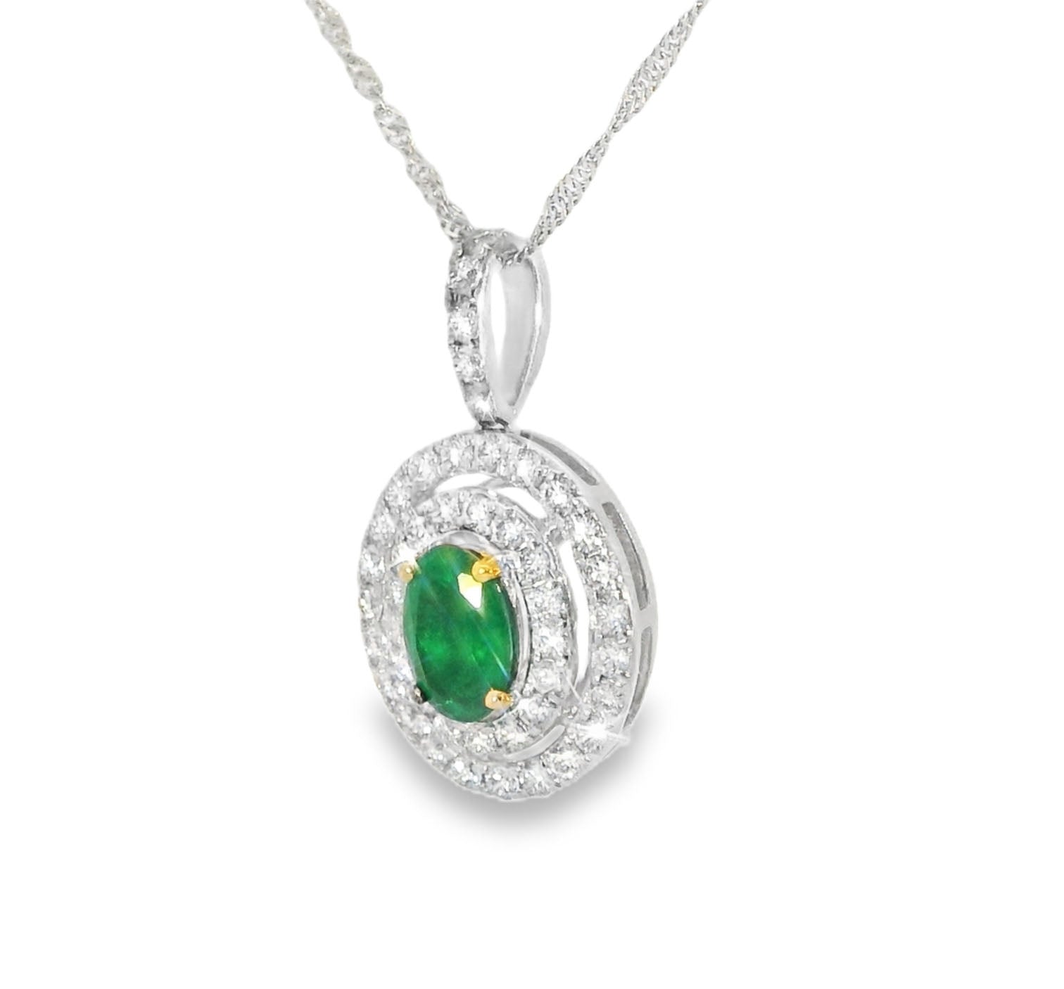 Gorgeous 14K White Gold Oval Natural Emerald Diamond Drop Pendant Necklace - GGEMSonline