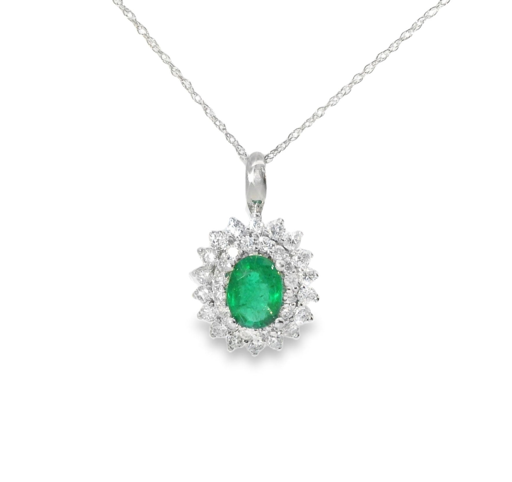 Stunning 14K White Gold Columbian Emerald Diamond Pendant Necklace - GGEMSonline