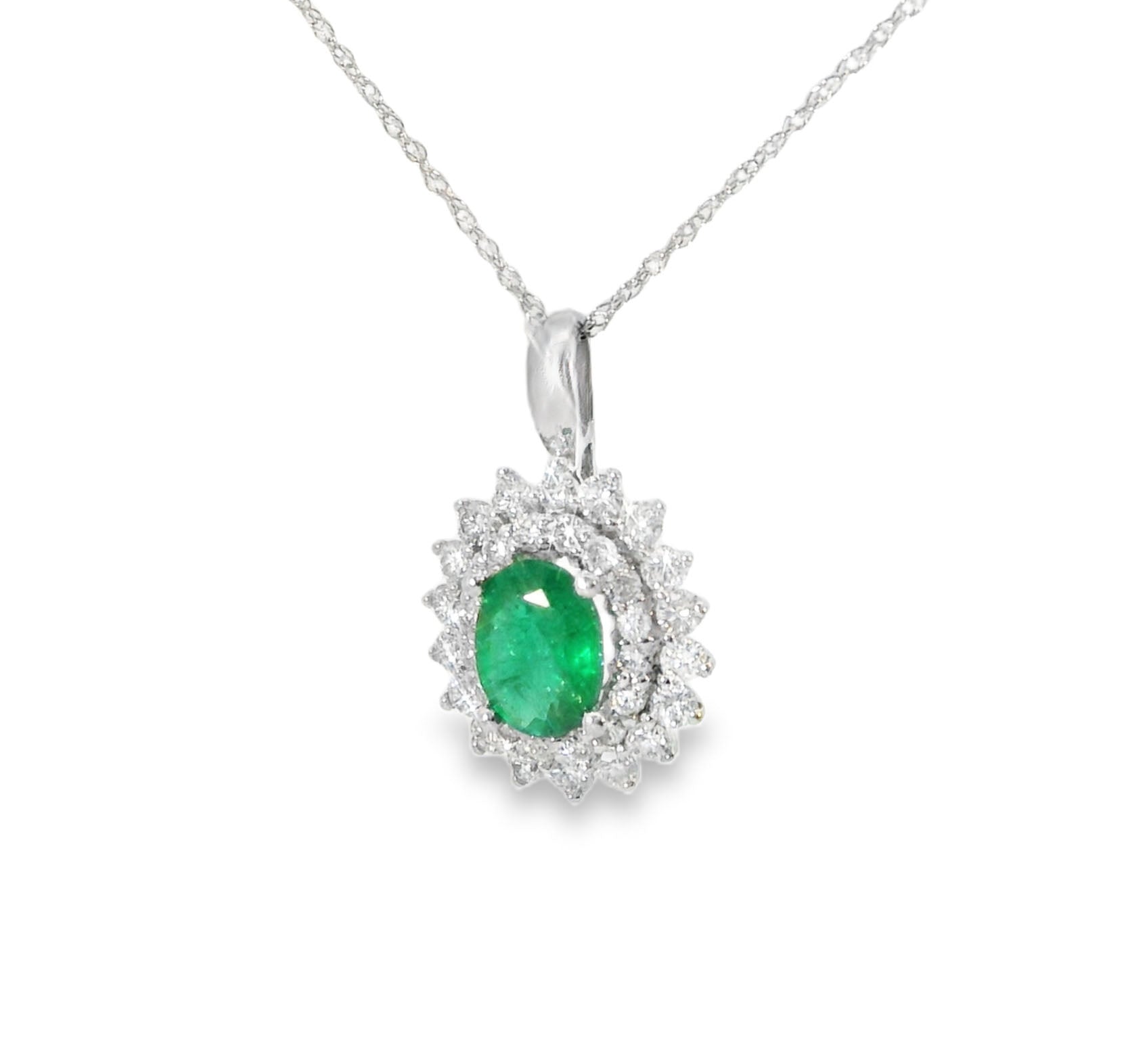 Stunning 14K White Gold Columbian Emerald Diamond Pendant Necklace - GGEMSonline
