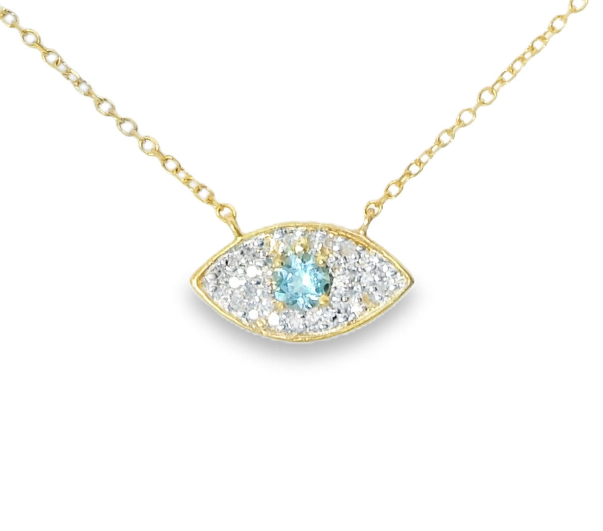 Gorgeous 14K Yellow Gold Blue Topaz  Diamond Evil Eye Necklace - GGEMSonline