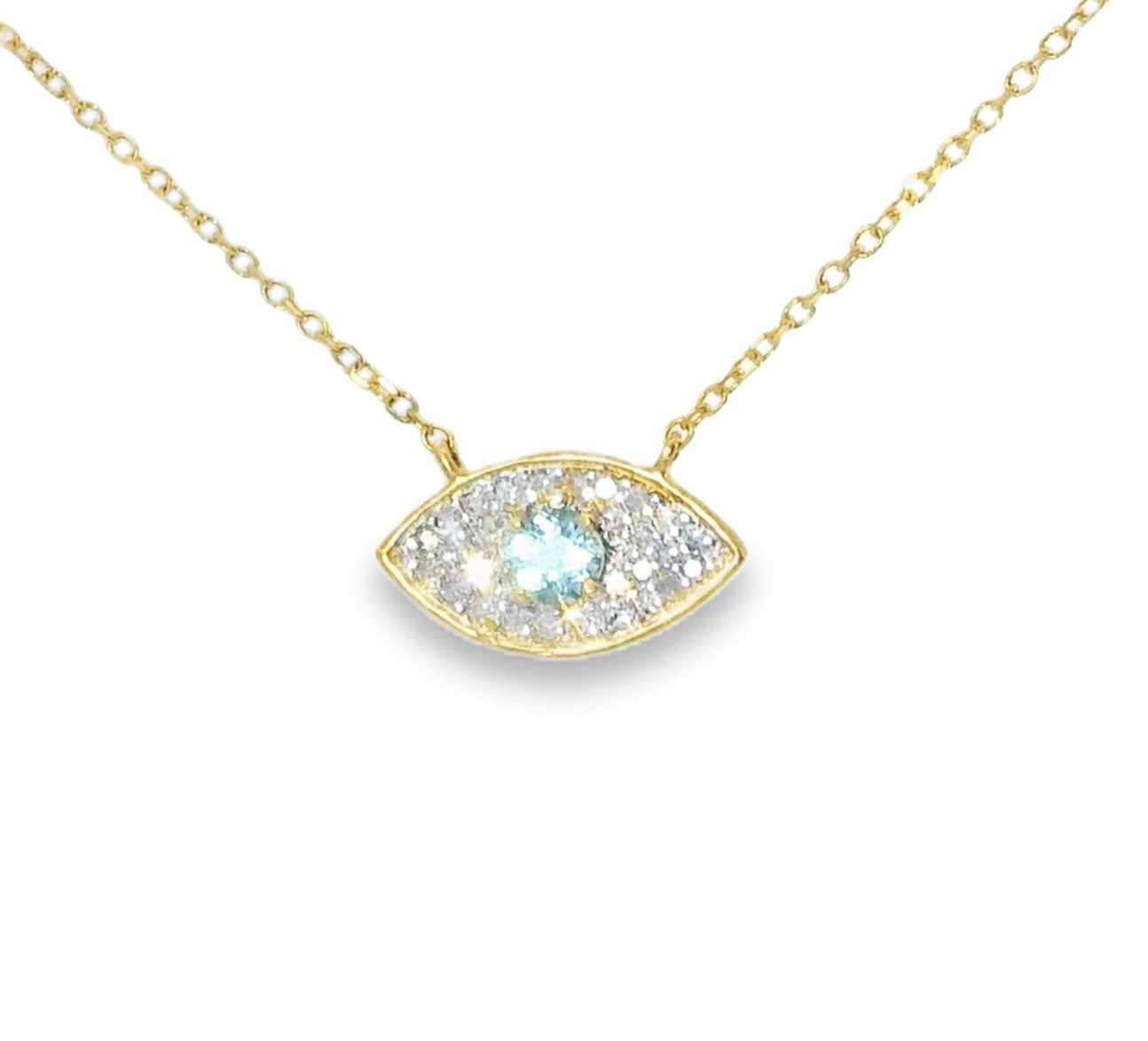 Gorgeous 14K Yellow Gold Blue Topaz  Diamond Evil Eye Necklace - GGEMSonline