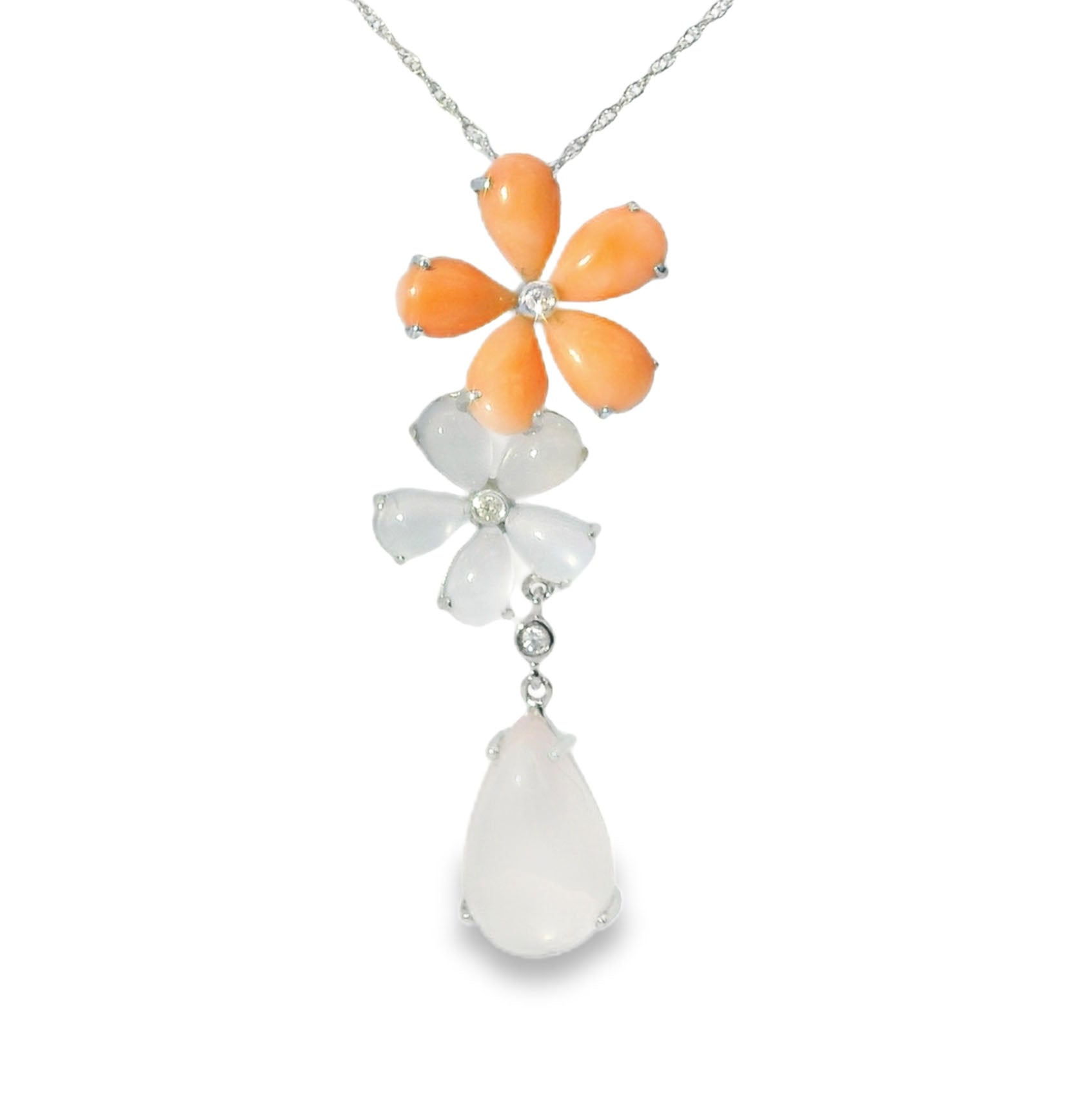 Gorgeous 18K White Gold Diamond Coral Chalcedony Rose Quartz Pendant Necklace - GGEMSonline