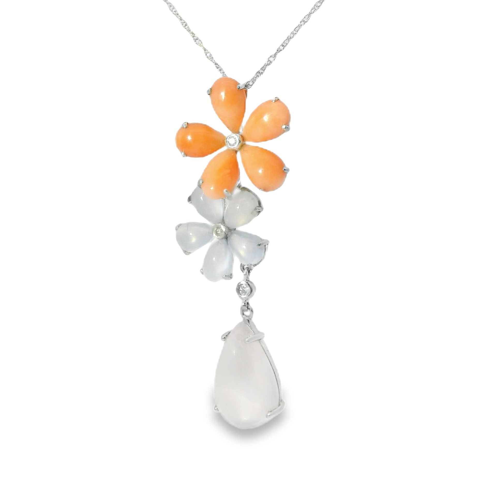 Gorgeous 18K White Gold Diamond Coral Chalcedony Rose Quartz Pendant Necklace - GGEMSonline