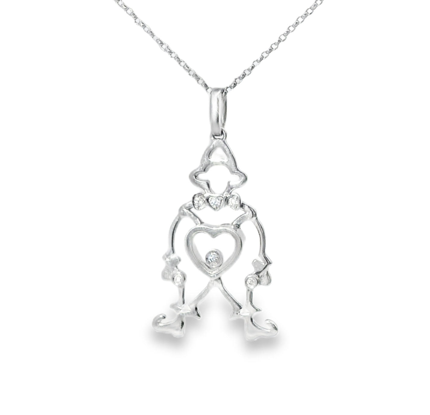 Rare 14K White Gold Floating Diamond Clown Jester Pendant Necklace - GGEMSonline