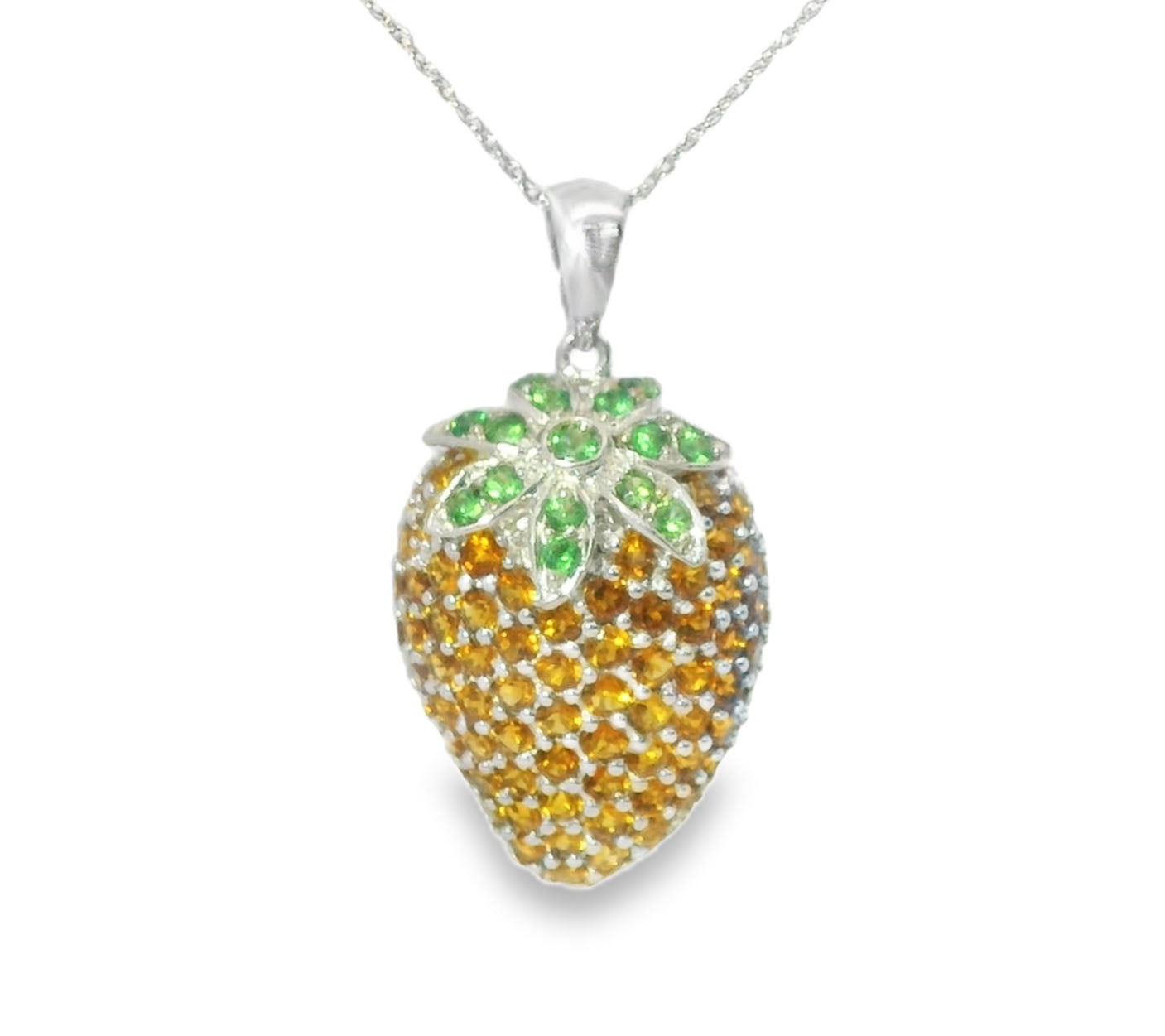 Gorgeous 14K White Gold Orange Citrine Tsavorite Strawberry Pendant Necklace - GGEMSonline